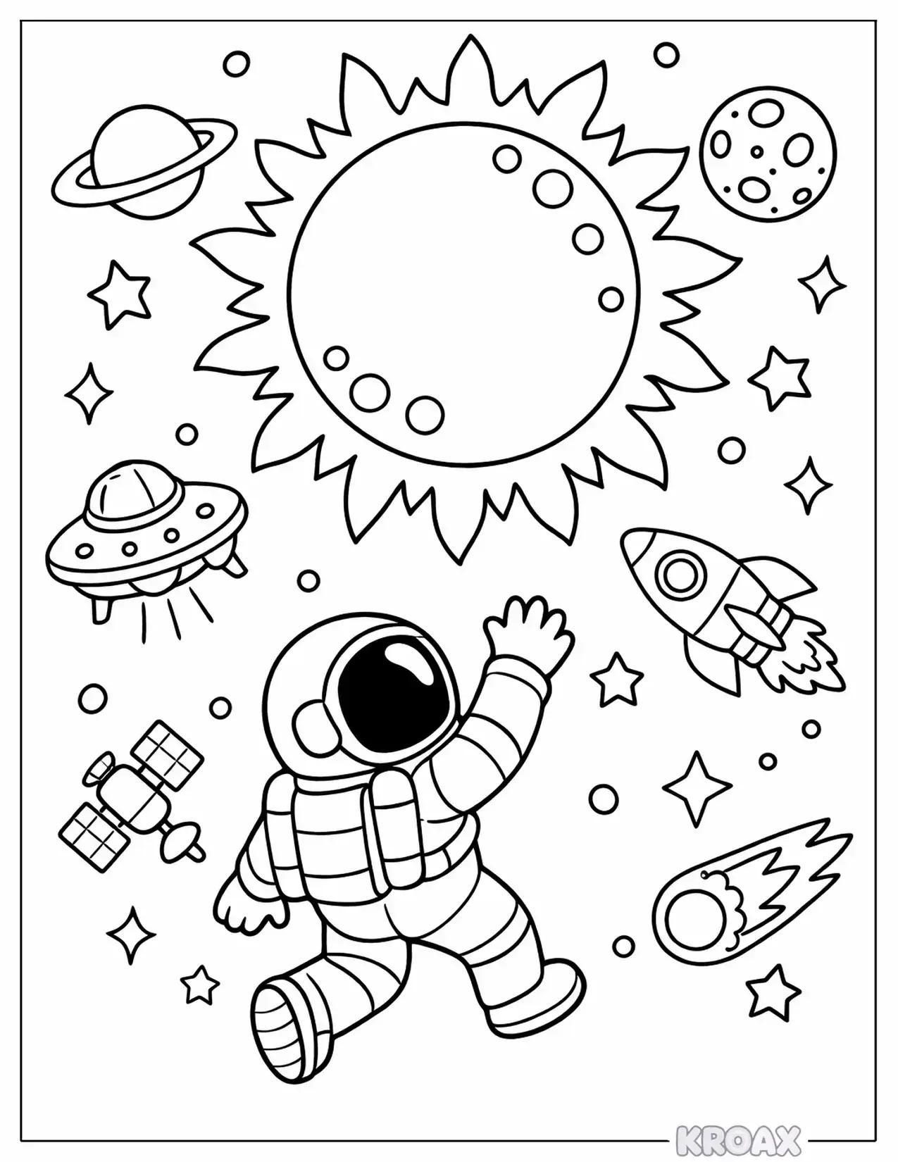 astronaut floating toward the golden sun printable coloring page