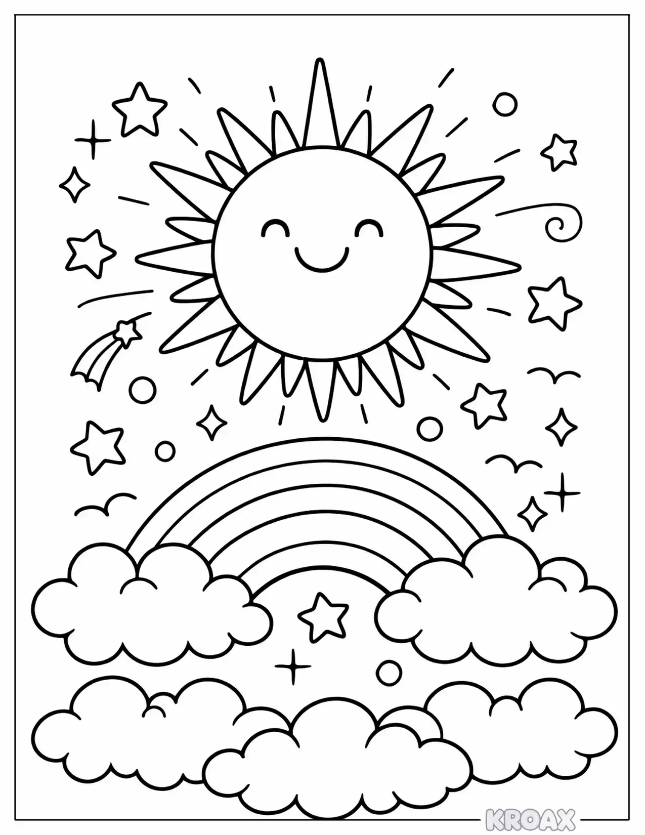 bold sun bursting through rainbow clouds printable coloring page