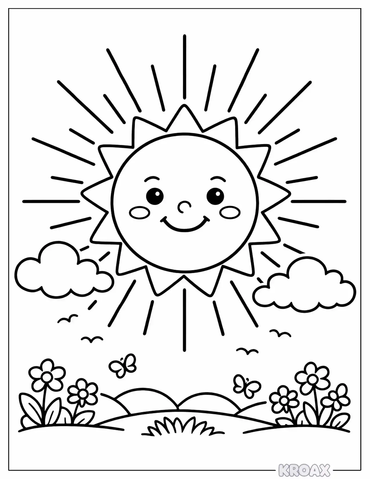 bold sun face with radiating energy beams printable coloring page
