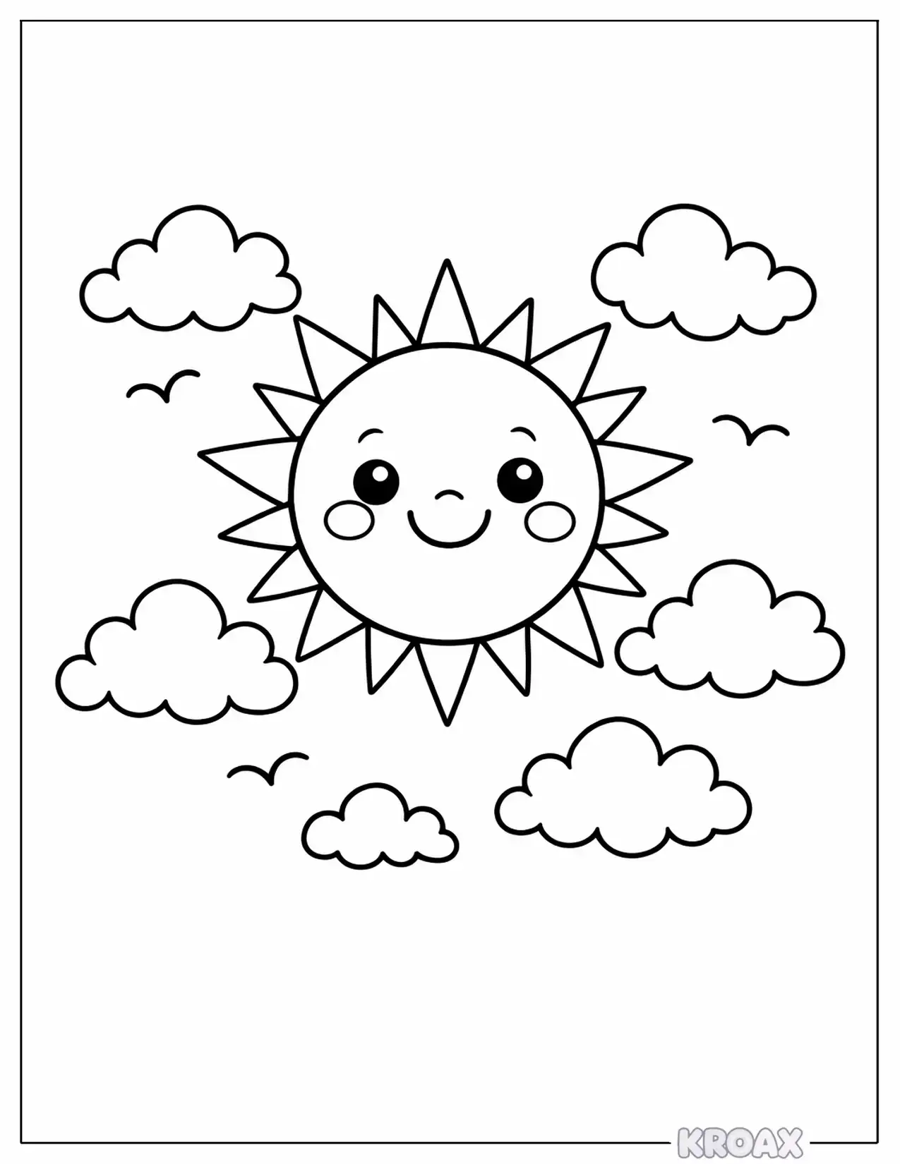 bright cartoon sun with clouds printable coloring page