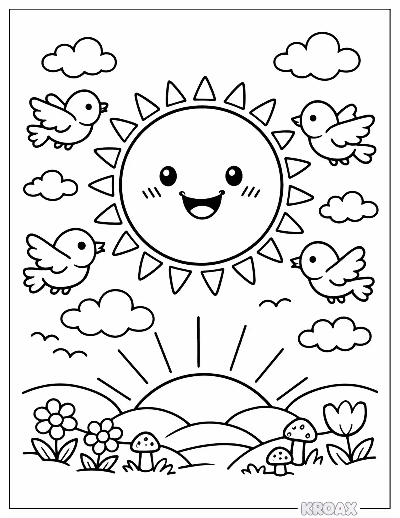 friendly sun greeting the morning birds printable coloring page