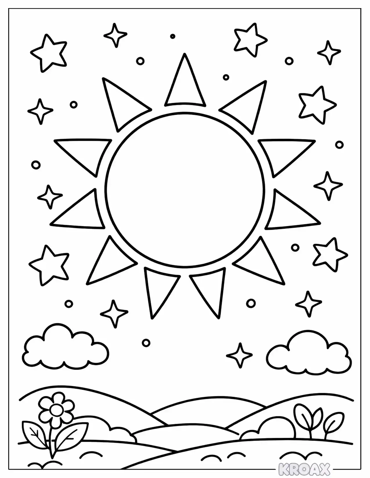 glowing sun with twinkling stars around it printable coloring page