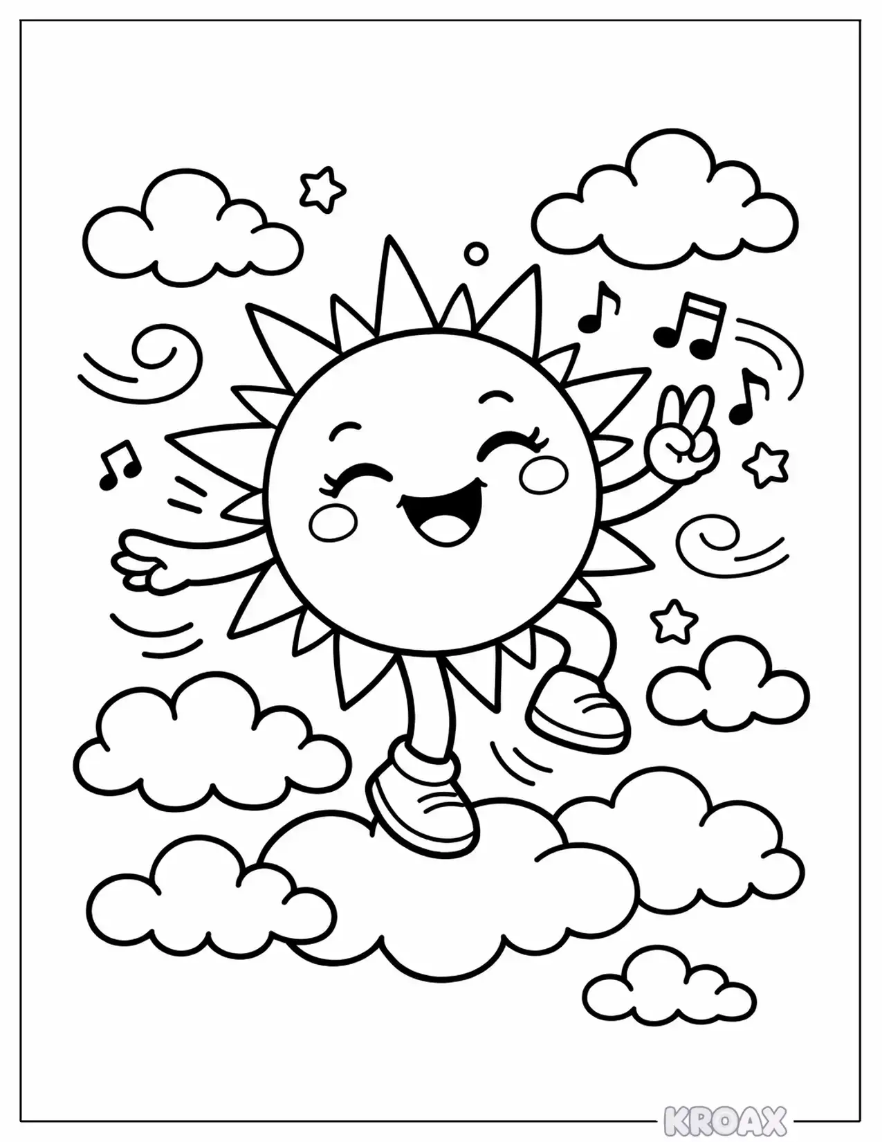 playful sun dancing with clouds printable coloring page