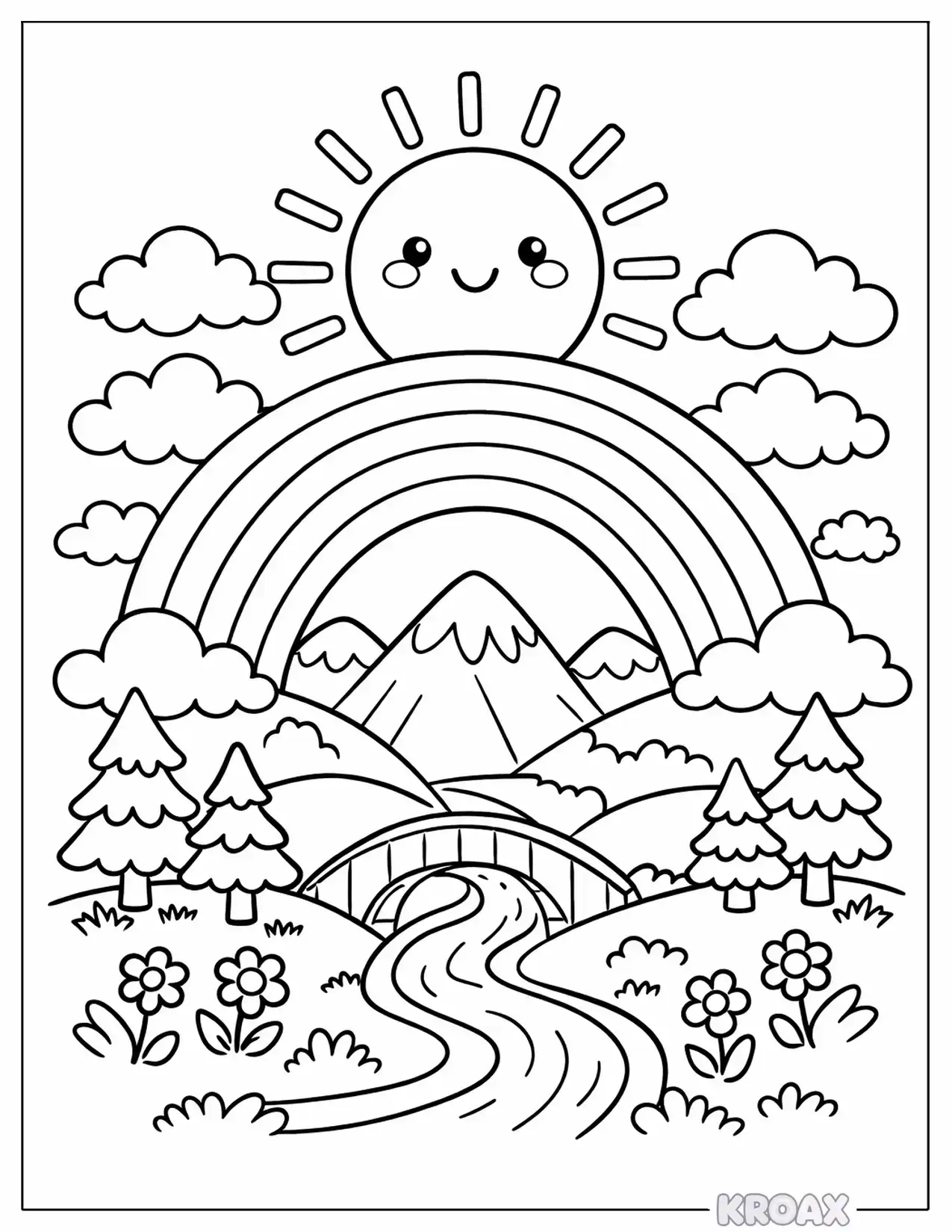 rainbow bridge connecting sun and earth printable coloring page