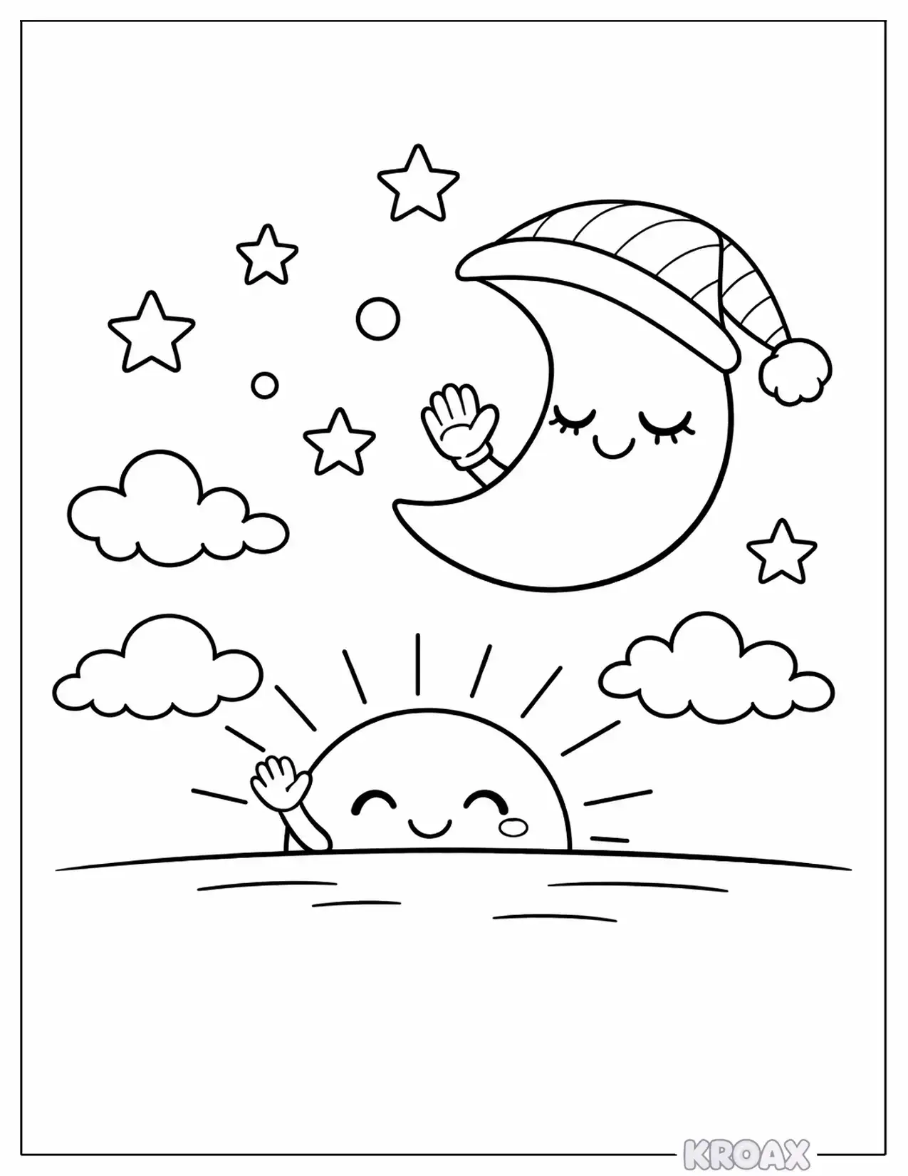 sleepy moon saying goodnight to the sun printable coloring page
