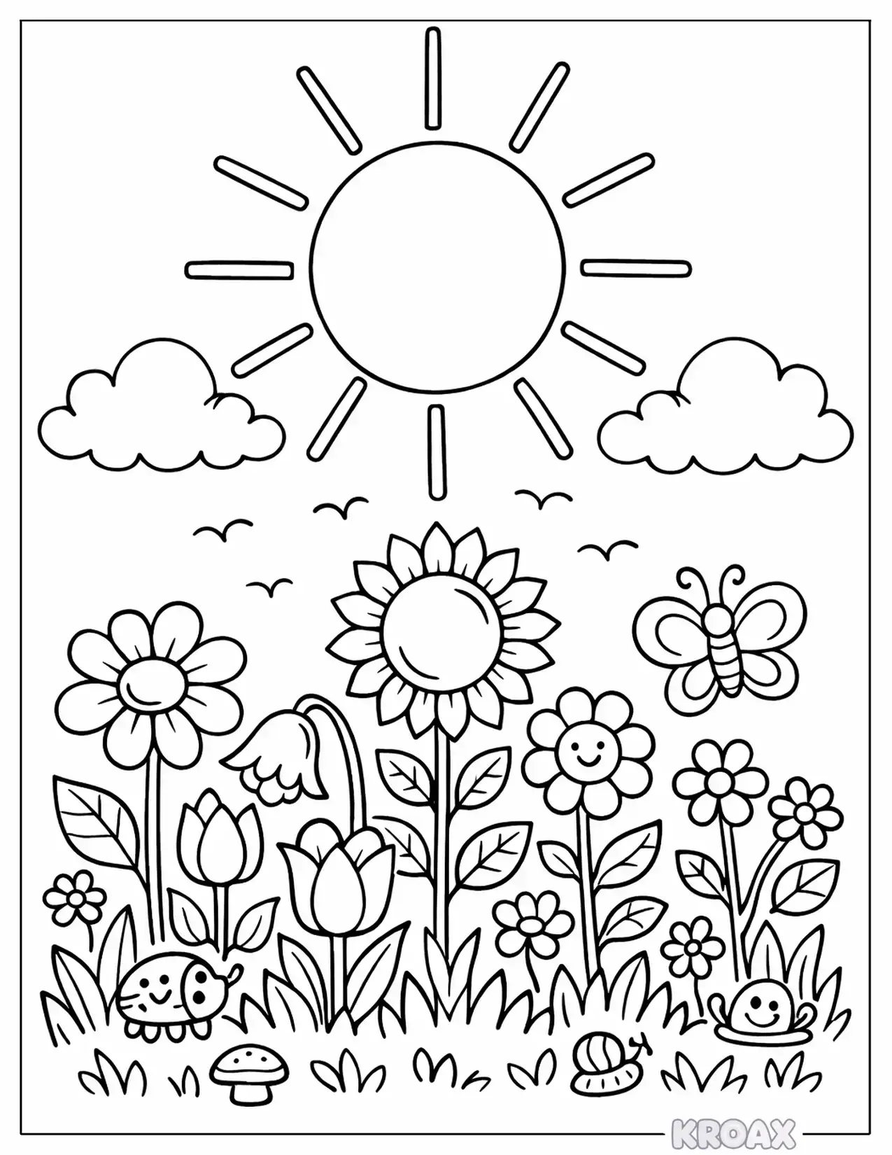 summer garden with sunburst and blooms printable coloring page