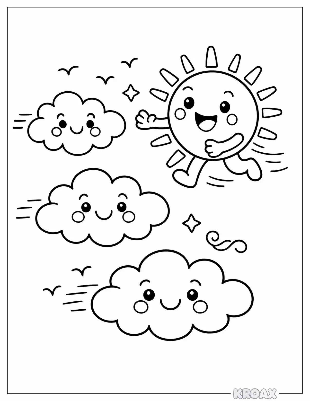 sun chasing clouds across the sky printable coloring page