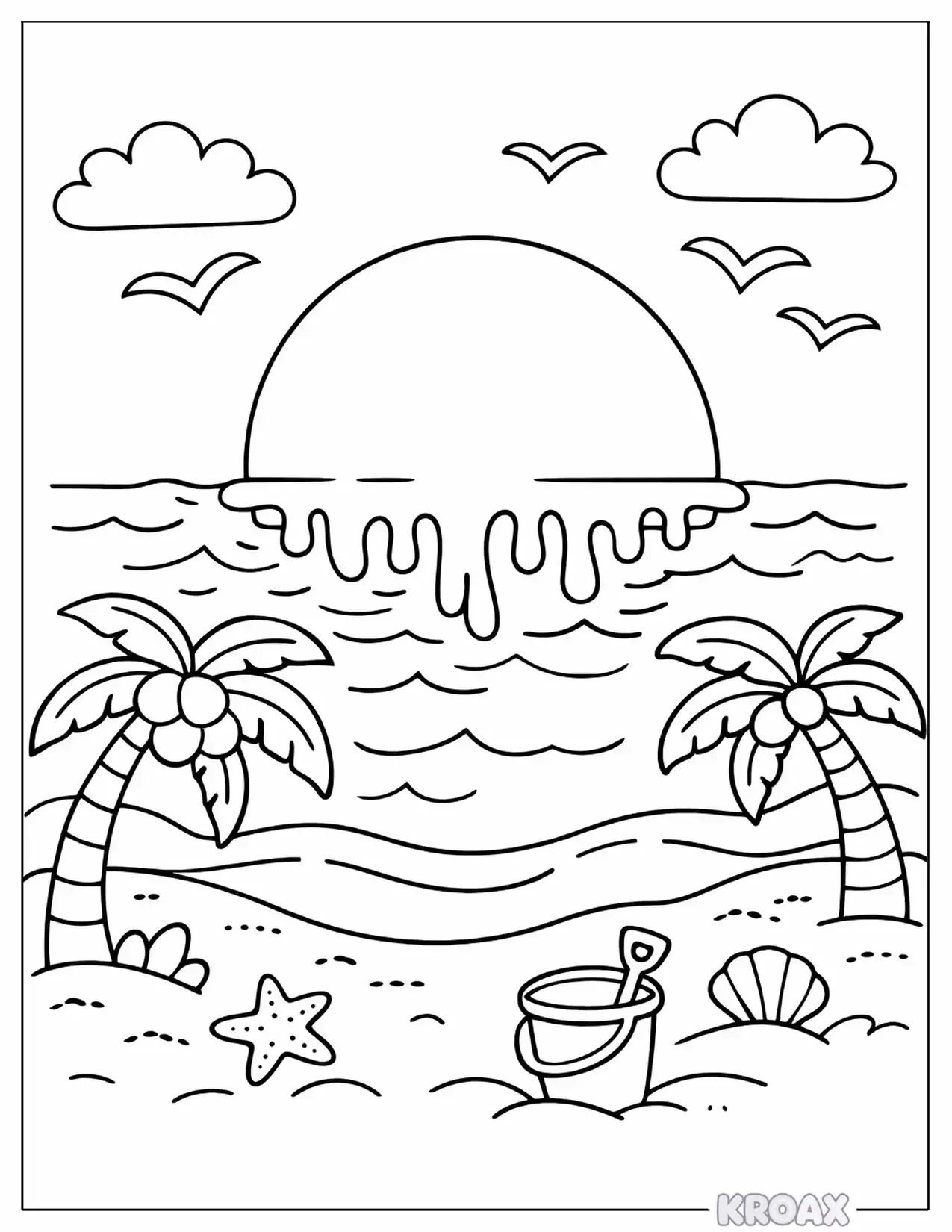 sun melting into ocean horizon printable coloring page