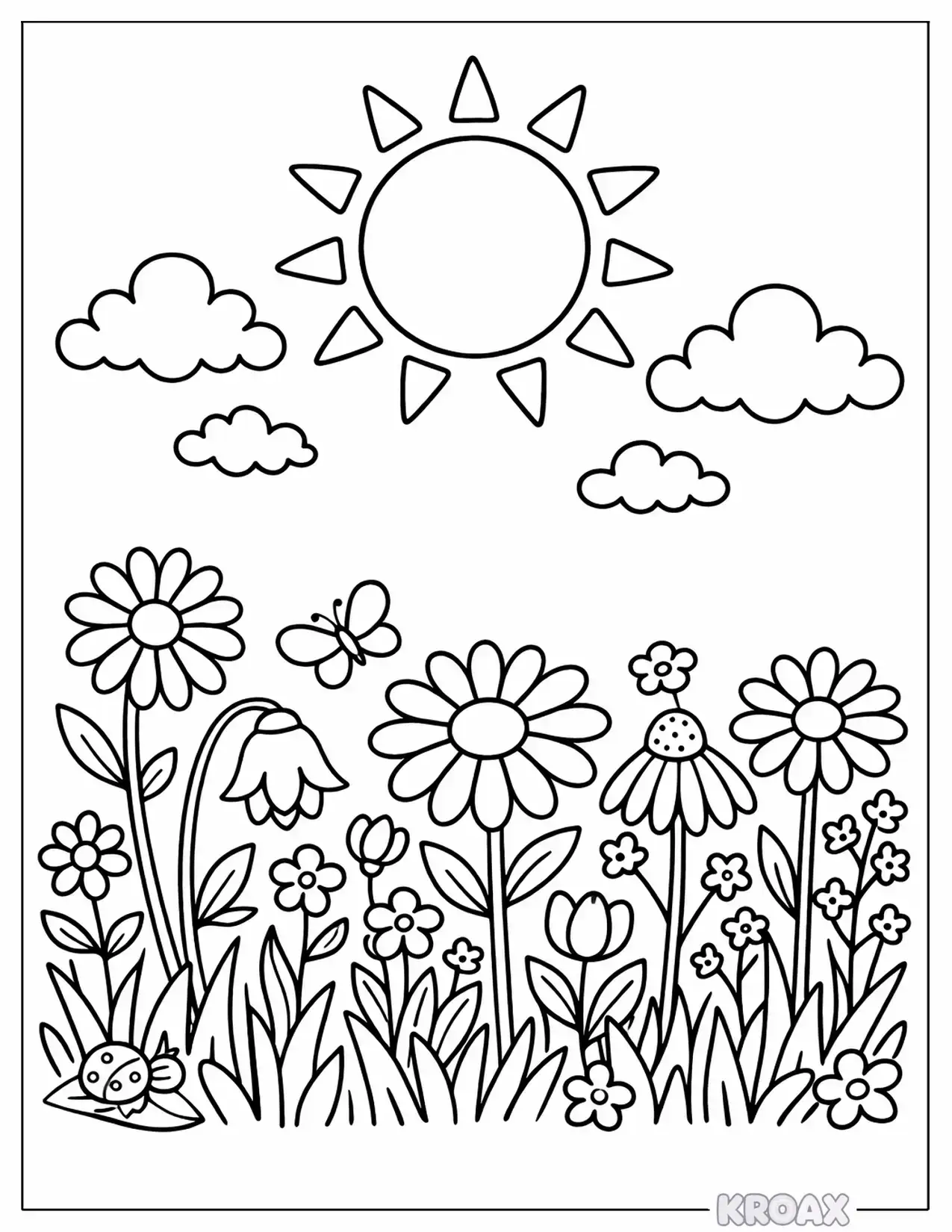 sun shining over blooming wildflowers printable coloring page