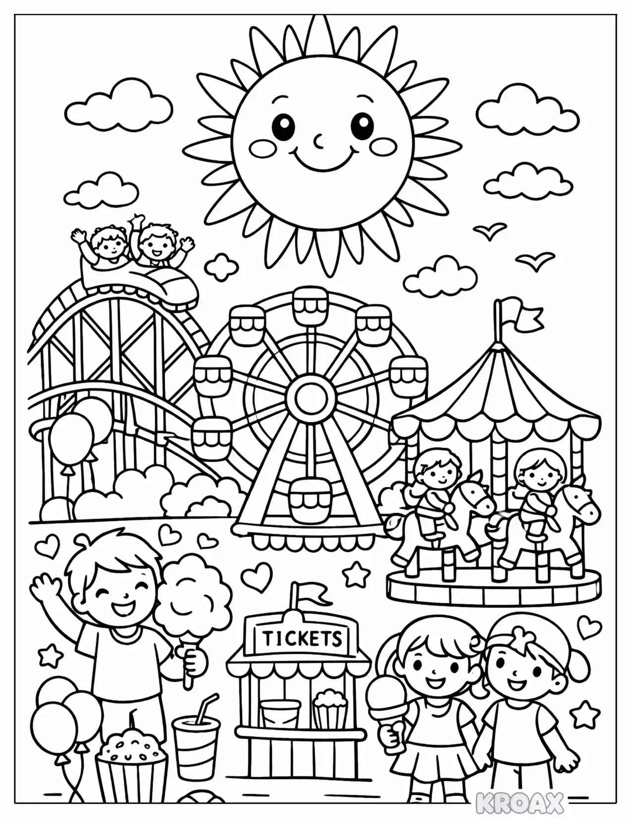 sunny day at the amusement park printable coloring page