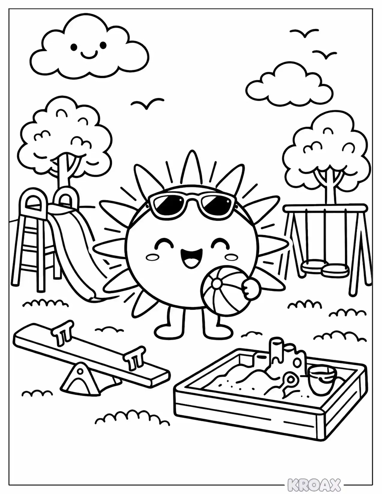 sunny day at the park with playground equipment printable coloring page