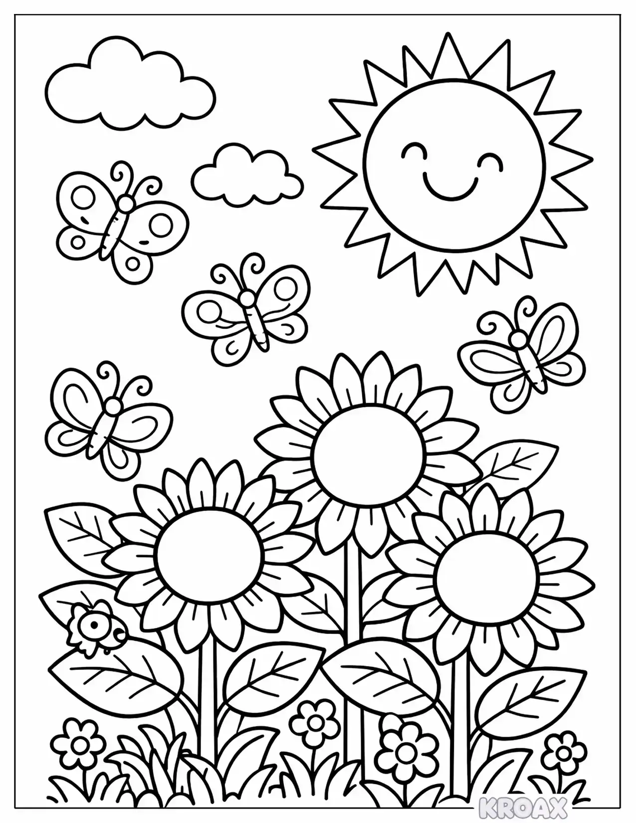 sunny day with sunflowers and butterflies printable coloring page