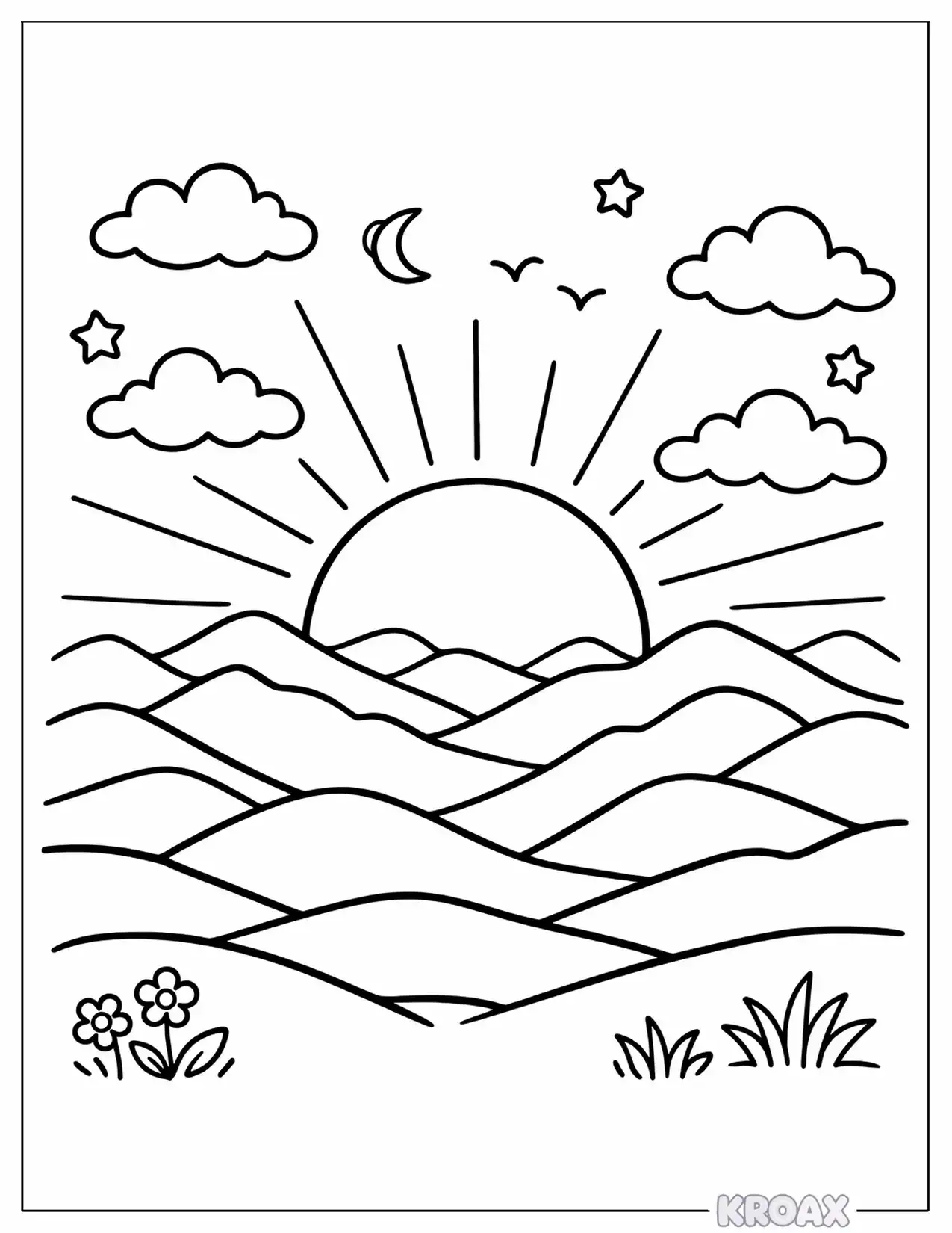sunset over rolling mountains printable coloring page