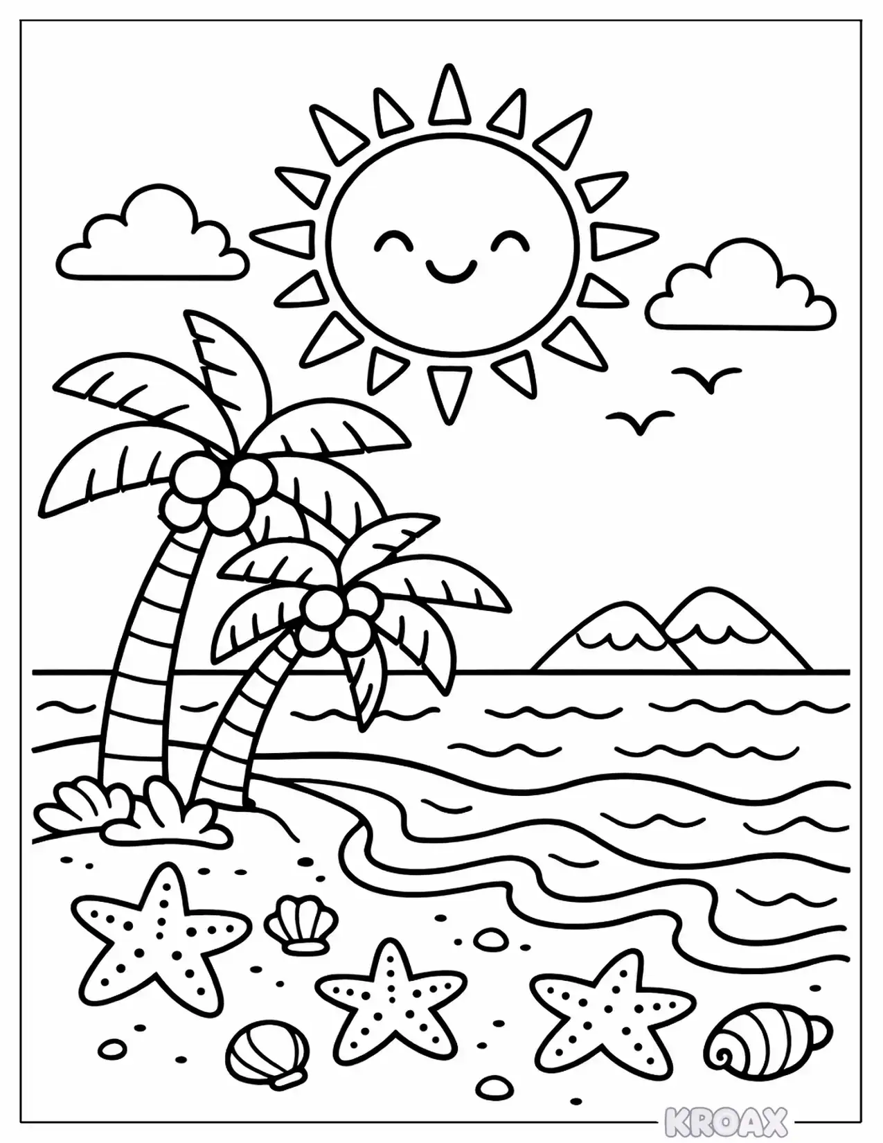 tropical sun over palm trees and sandy shore printable coloring page