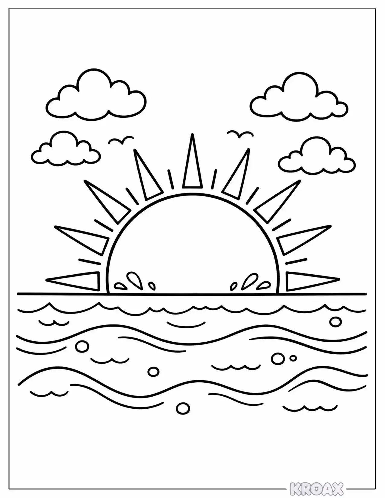 warm sunrise over ocean waves printable coloring page