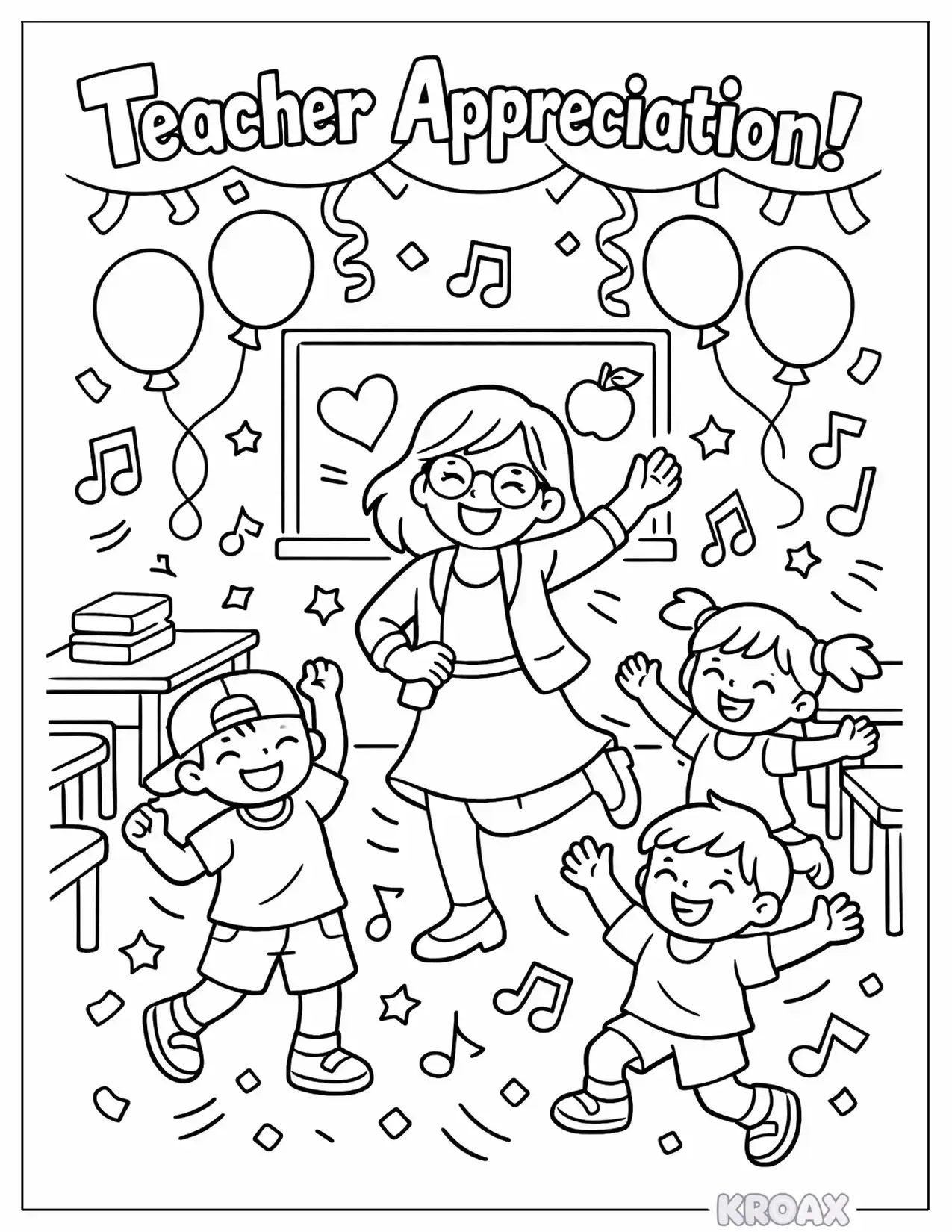 classroom celebration with students and teacher dancing printable coloring page