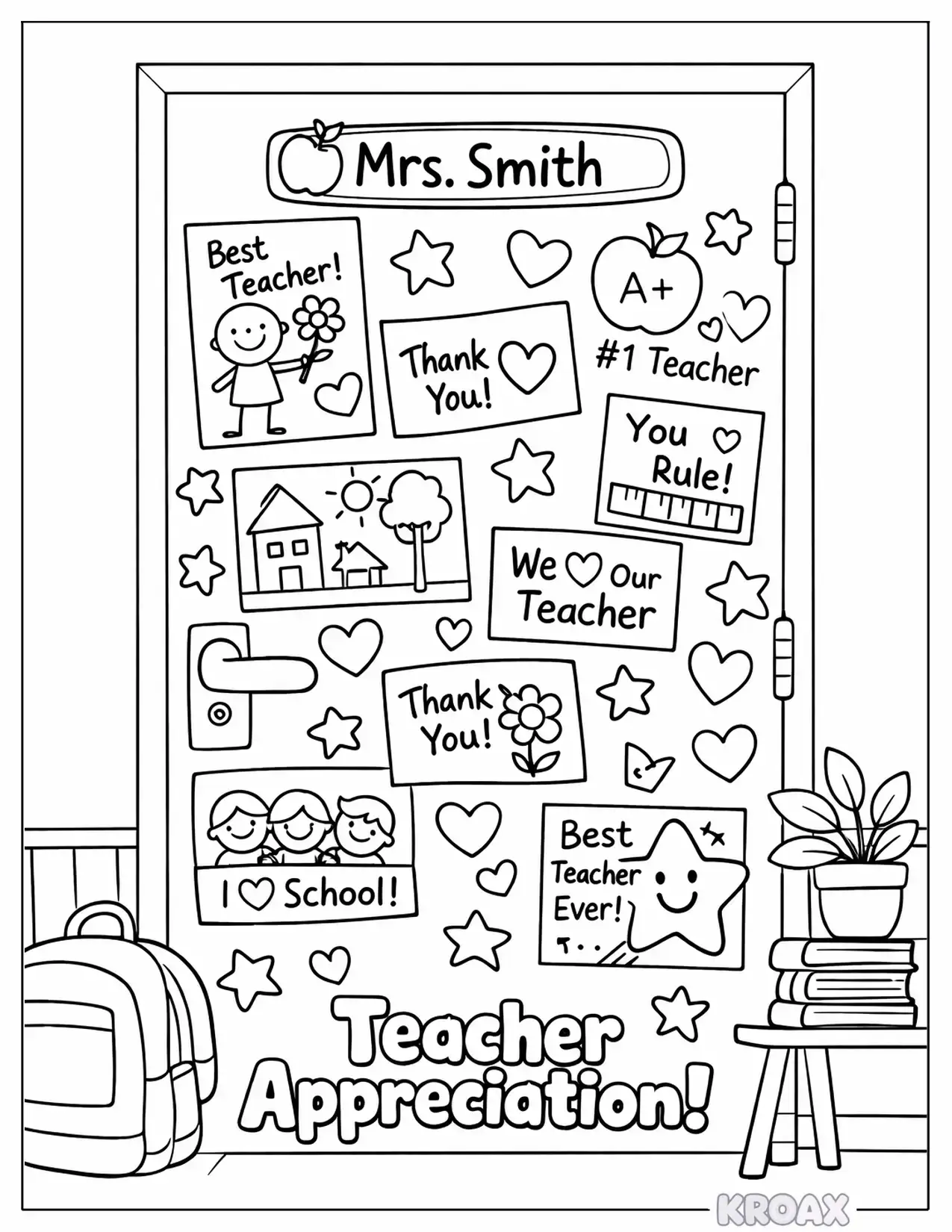classroom door decorated with student appreciation art printable coloring page