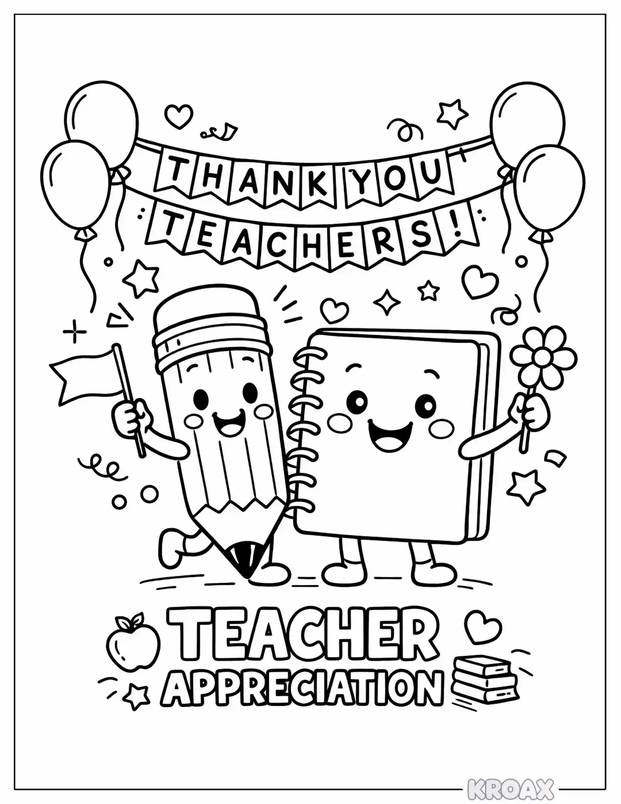 cute pencil and notebook characters celebrating printable coloring page