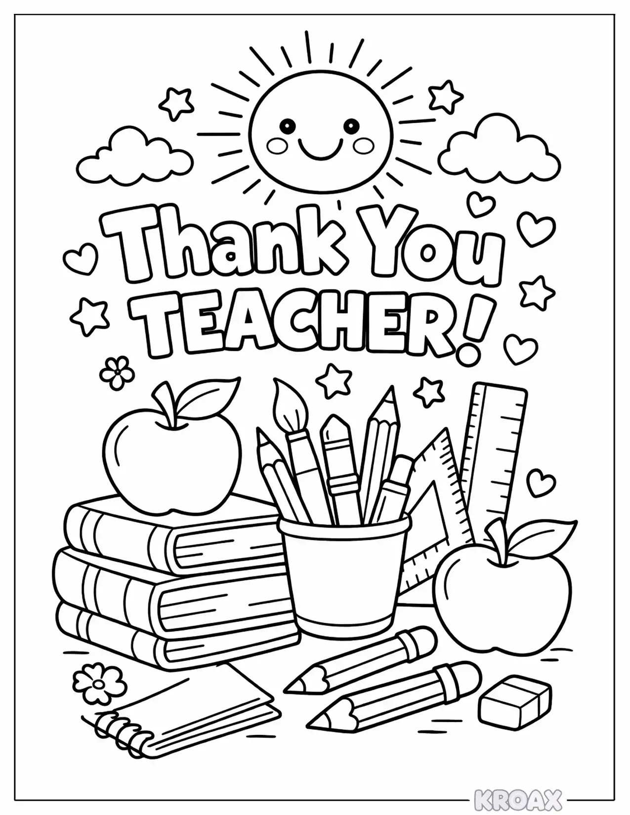 school supplies and sunshine thank you design printable coloring page