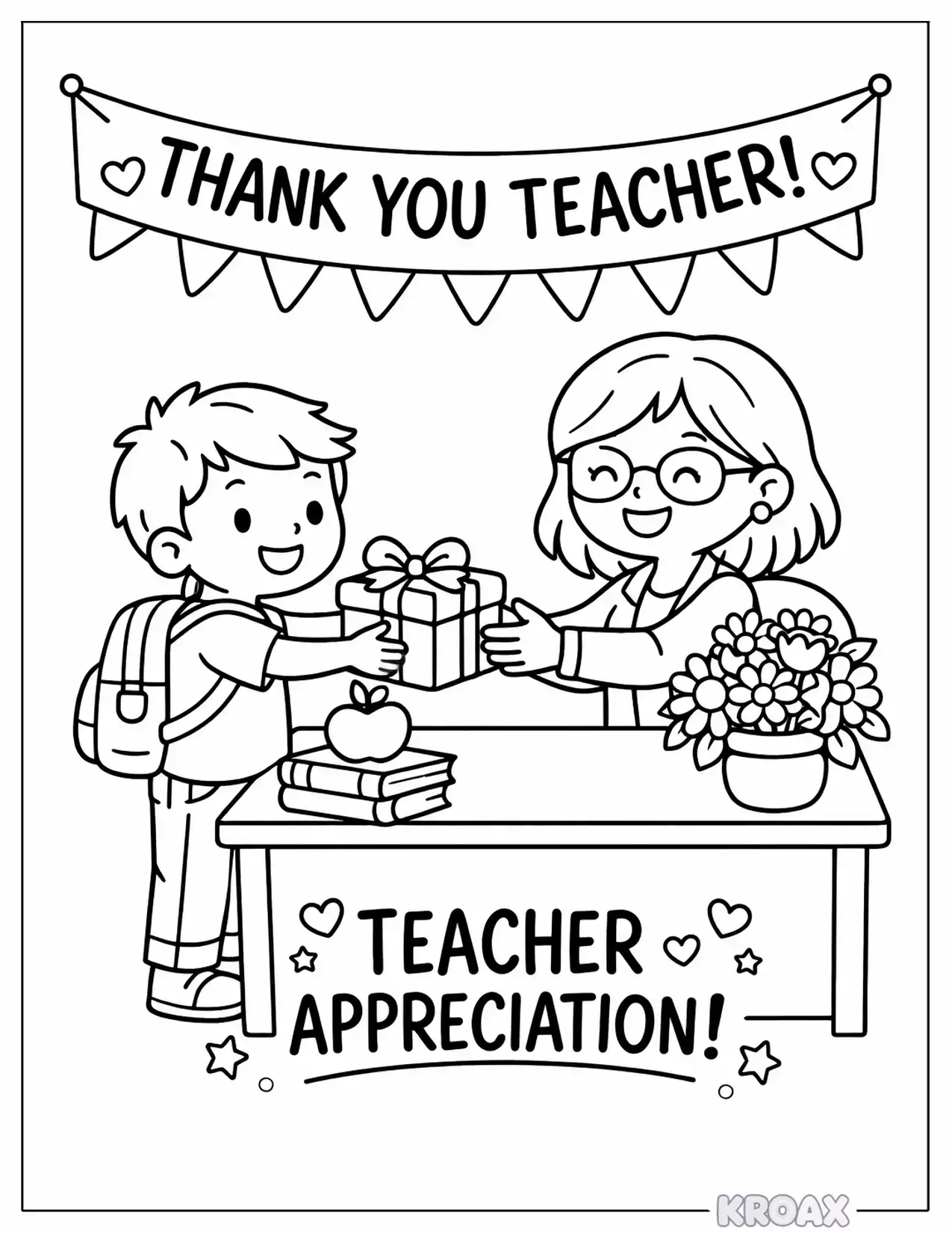 student giving teacher a thank you gift printable coloring page