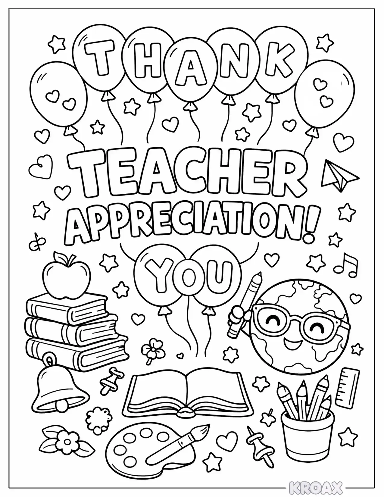 teacher appreciation message with cheerful balloons printable coloring page