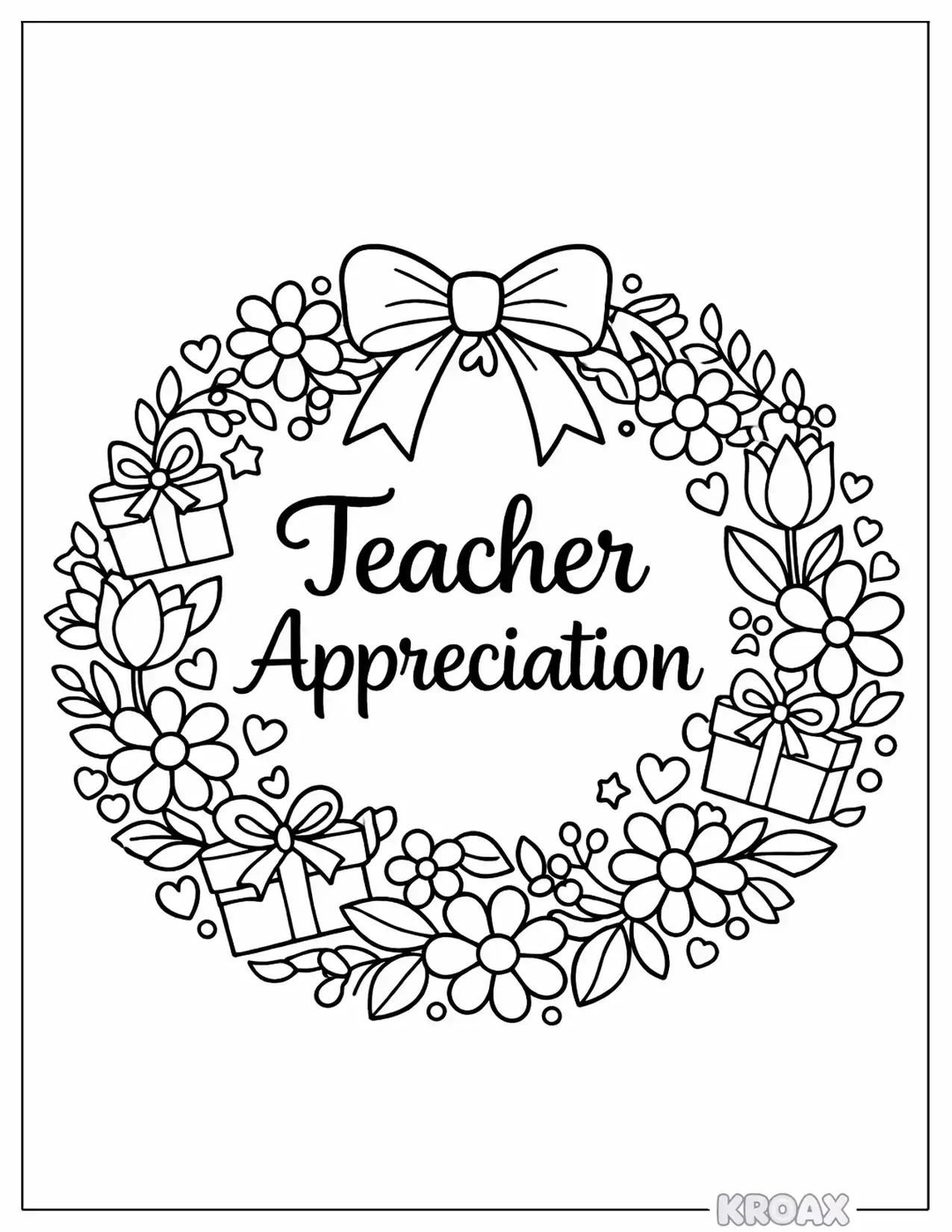 teacher appreciation wreath with blooming leaves and gifts printable coloring page