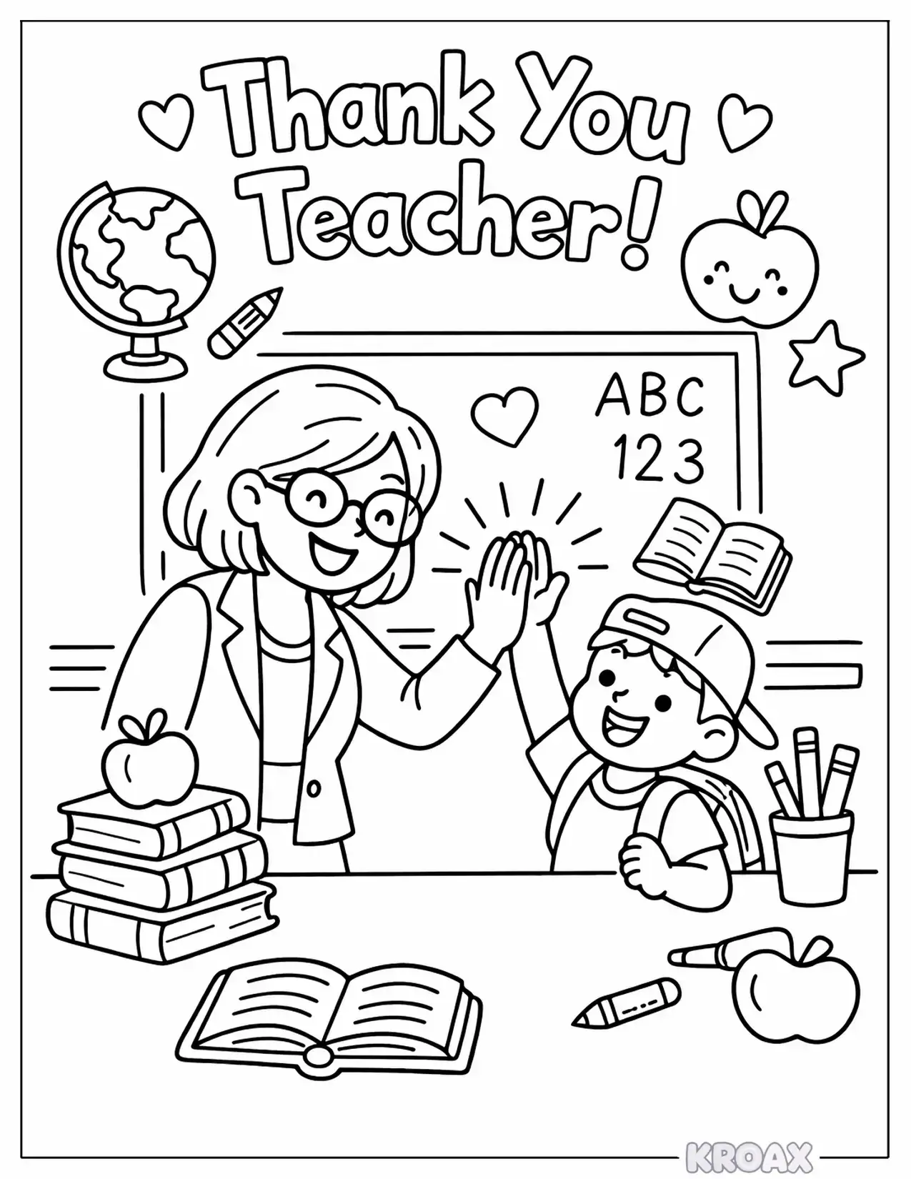 teacher high five with cheerful classroom vibes printable coloring page