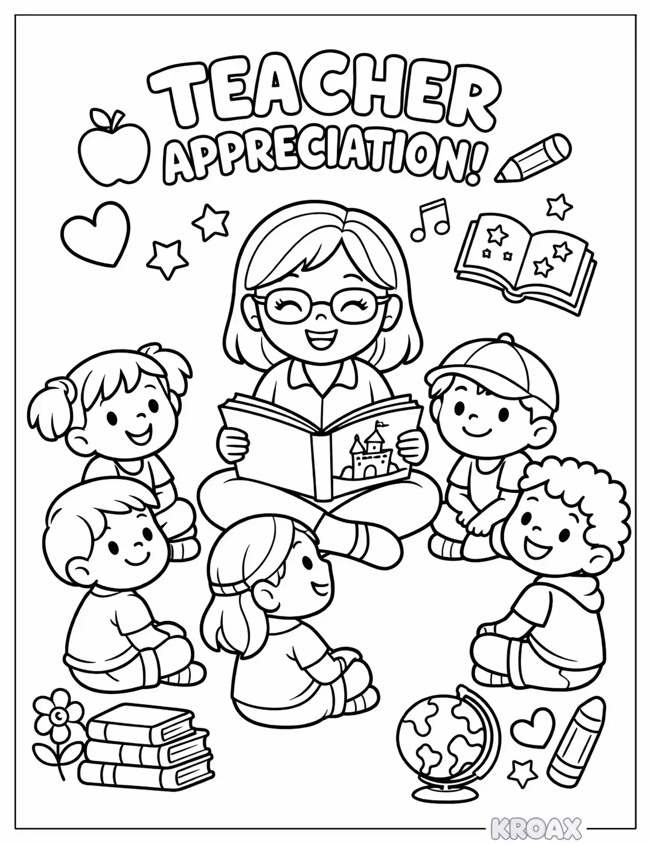 teacher reading stories to smiling students printable coloring page