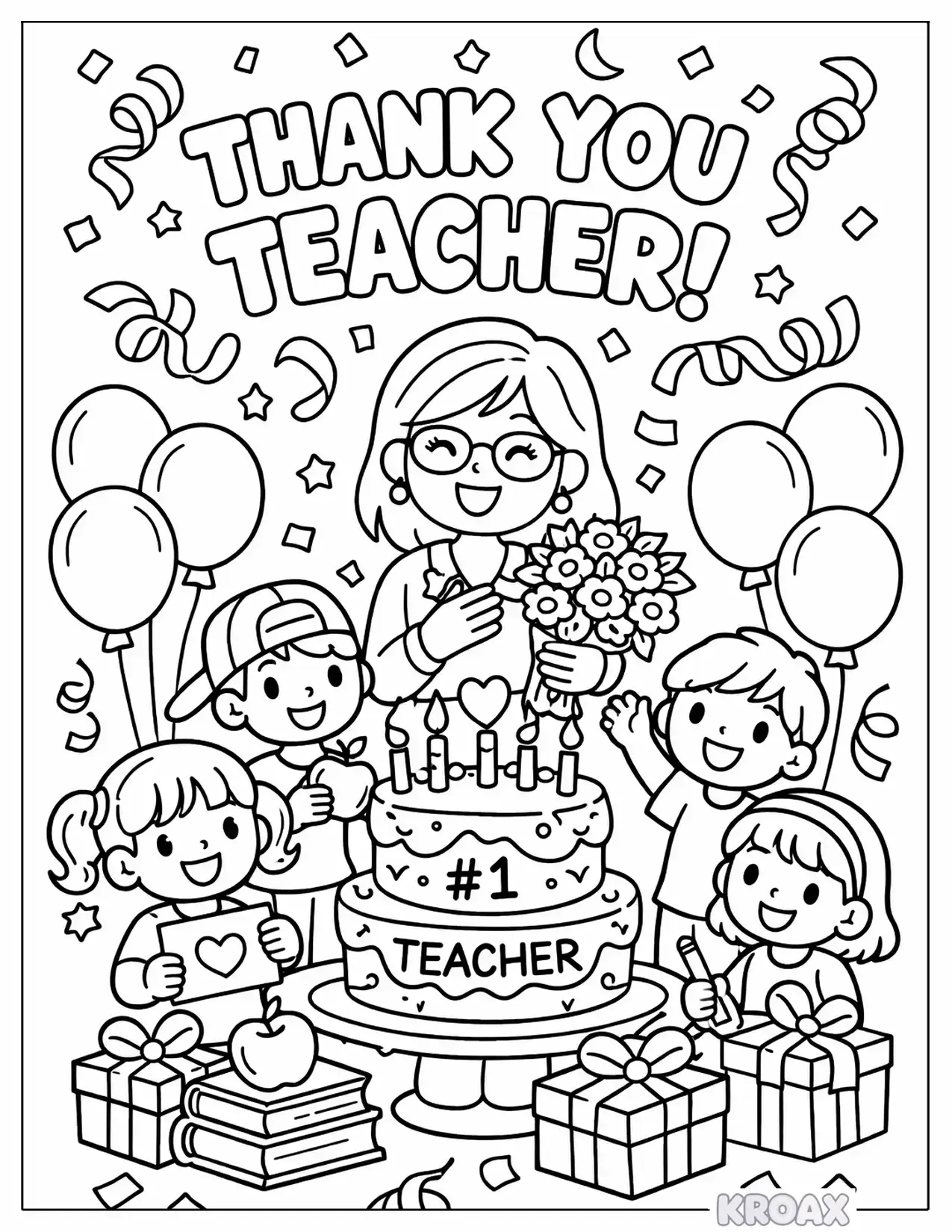 teacher s appreciation party with confetti and cake printable coloring page