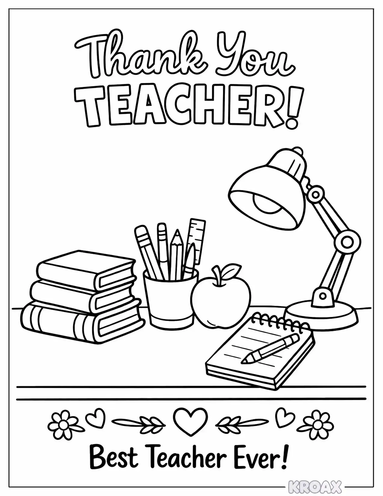 teacher s desk with inspiring books and pencils printable coloring page