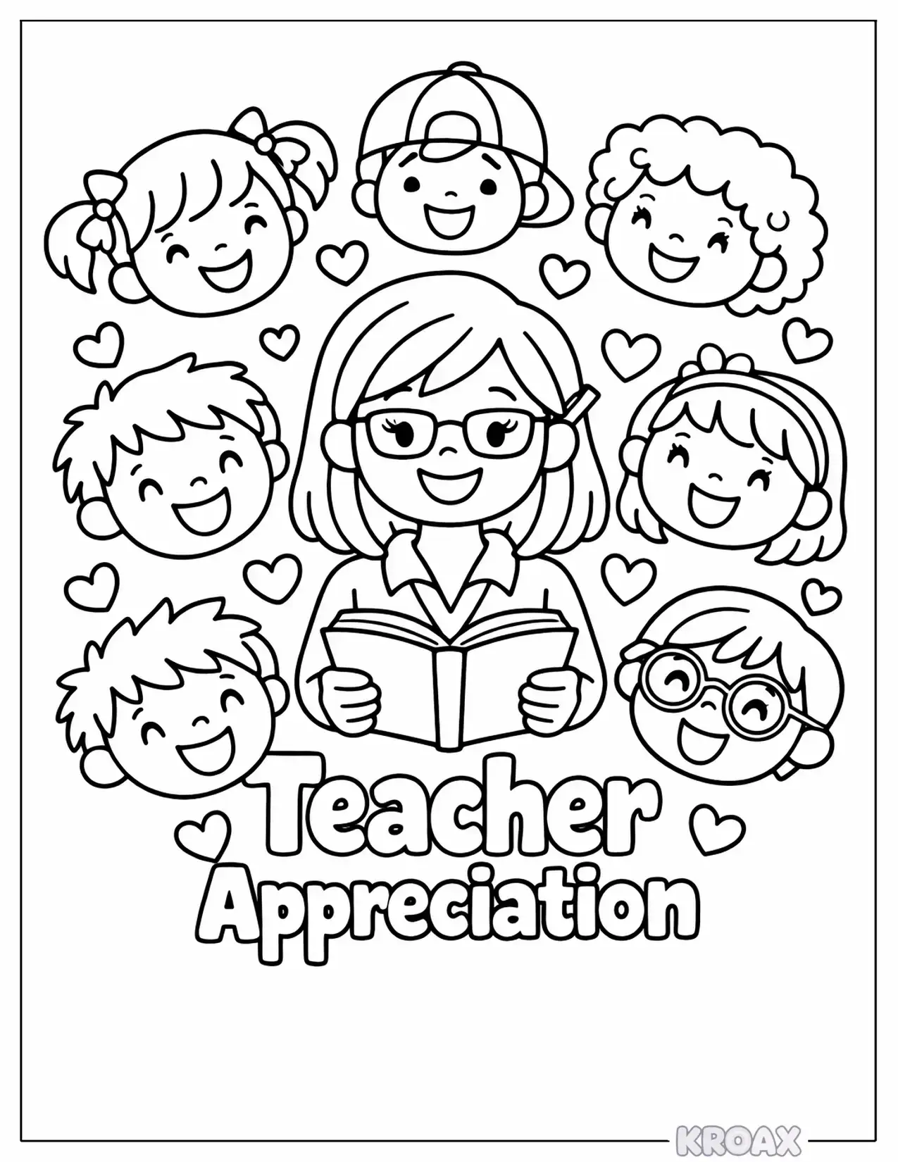 teacher surrounded by happy student faces and hearts printable coloring page