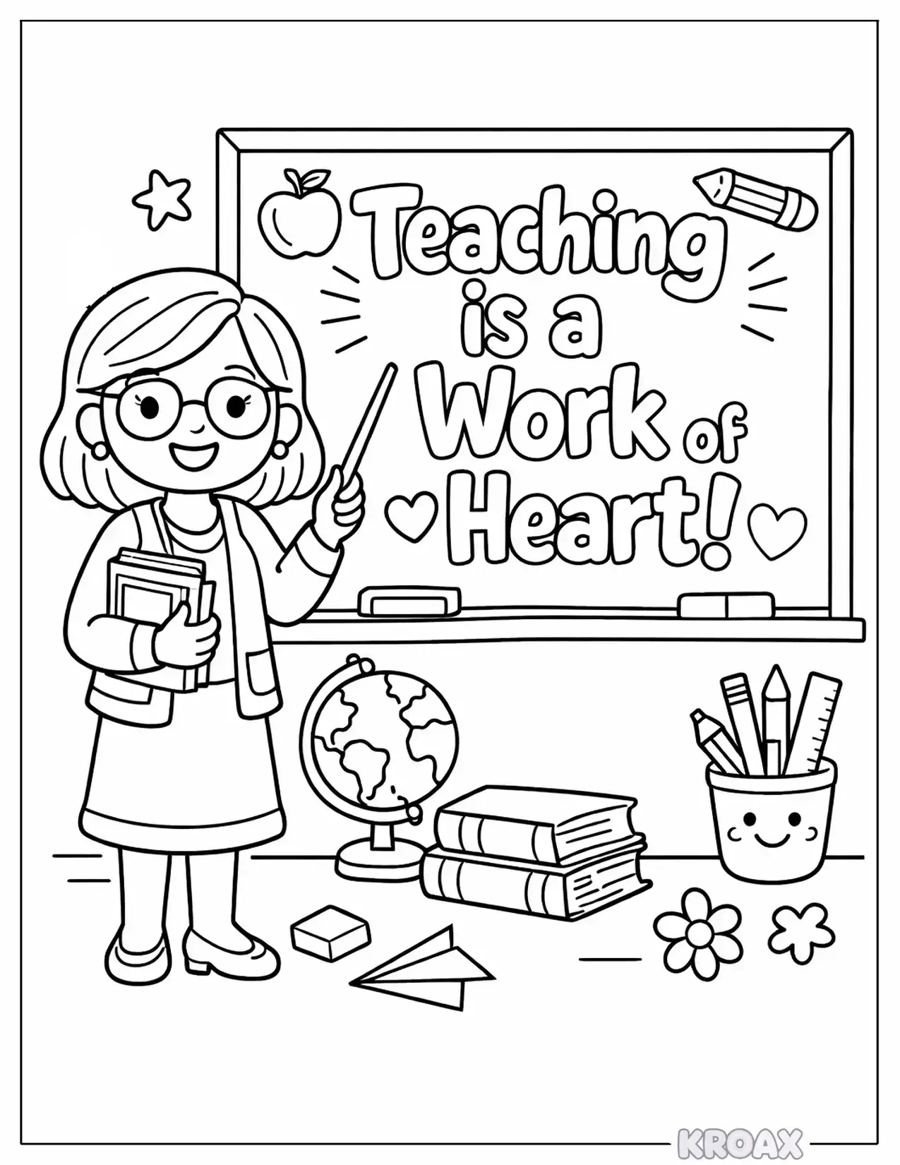 teacher with inspirational quote on chalkboard printable coloring page