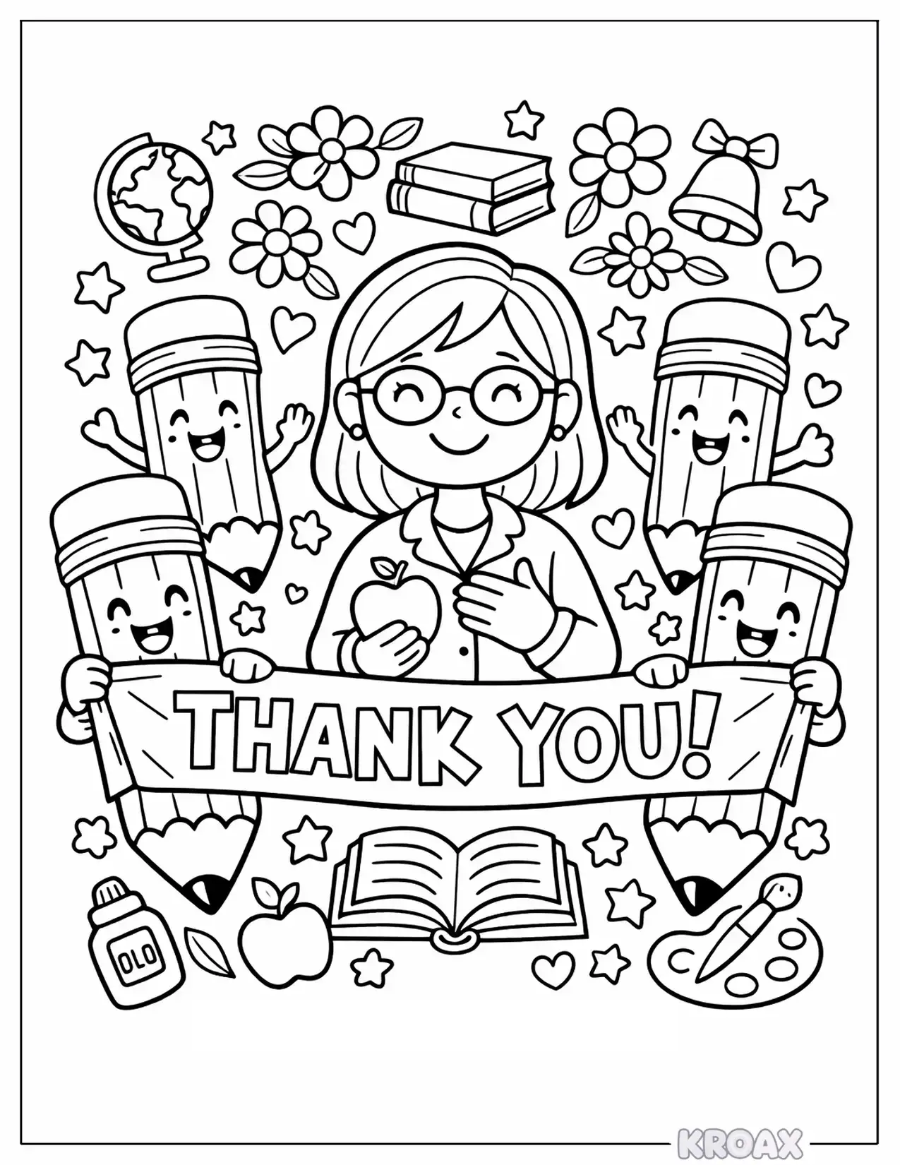 thank you teacher with friendly pencil friends and smiles printable coloring page