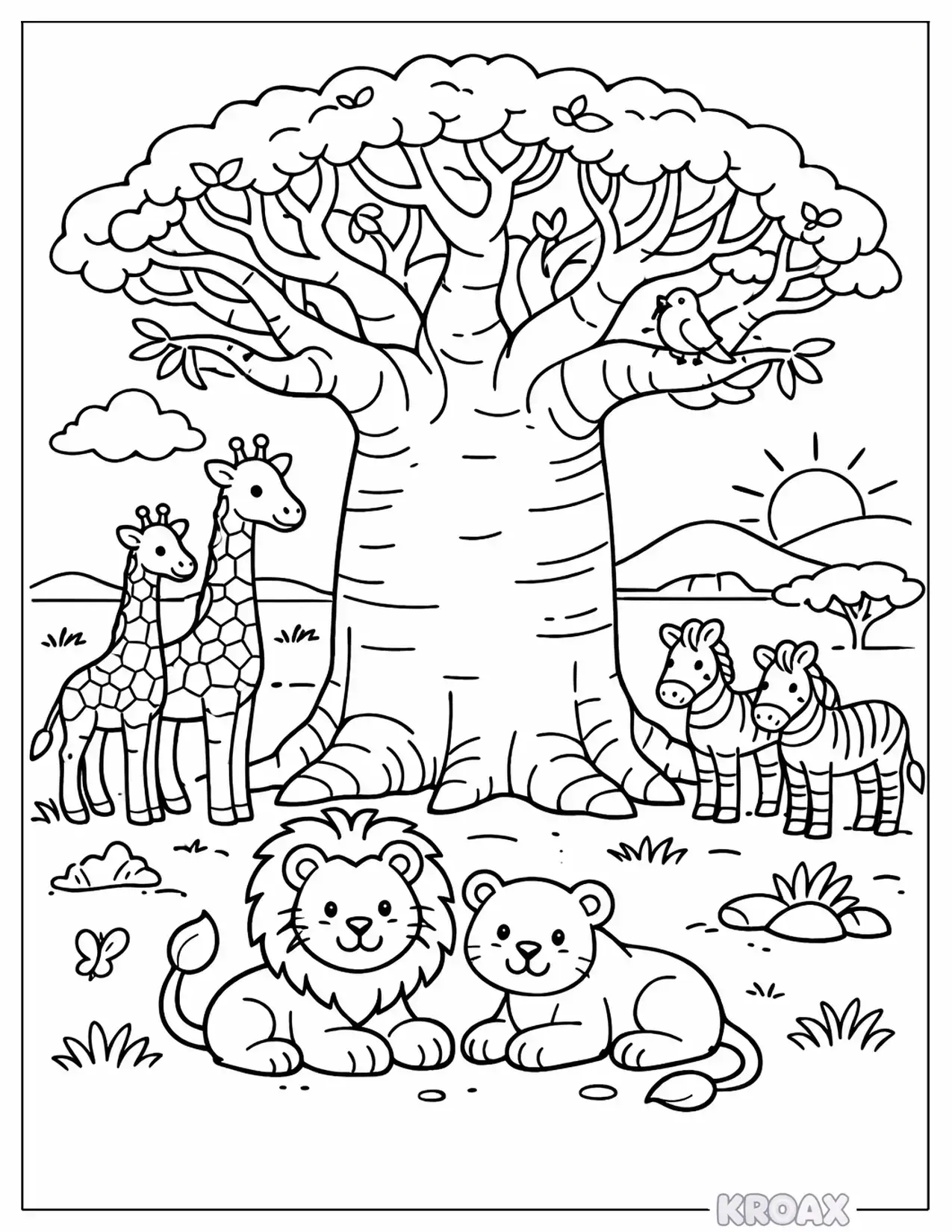 ancient baobab tree with safari animals printable coloring page
