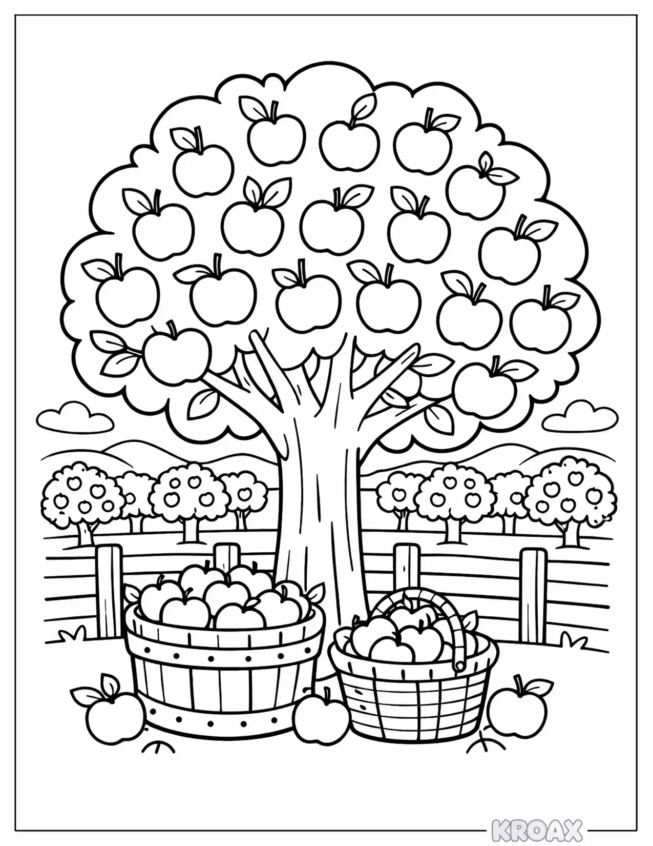 apple tree orchard with fruit baskets printable coloring page
