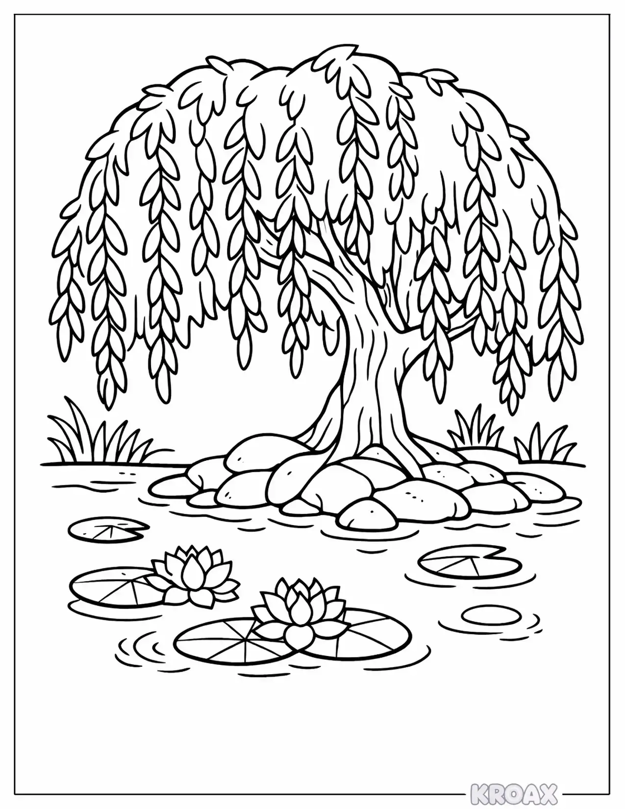calm willow tree by the water printable coloring page
