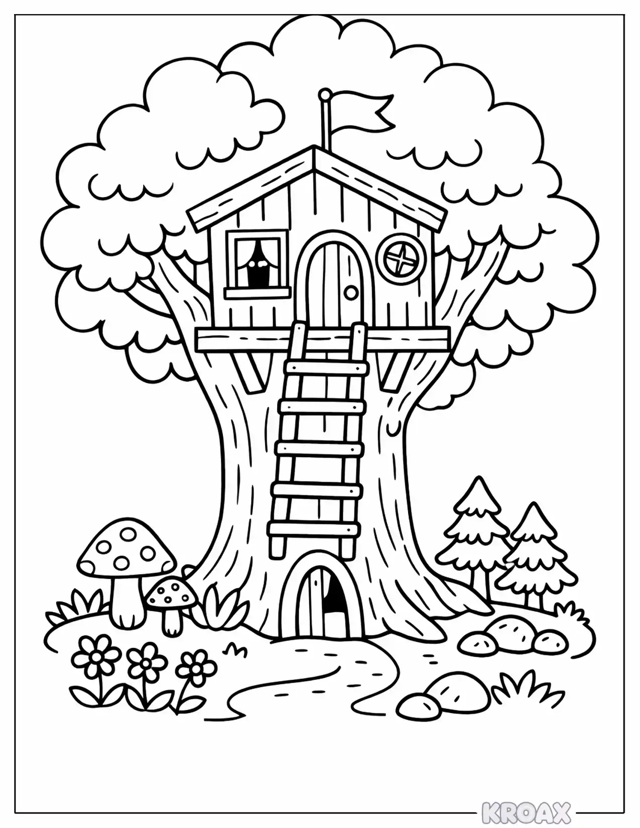 cute woodland tree house scene printable coloring page