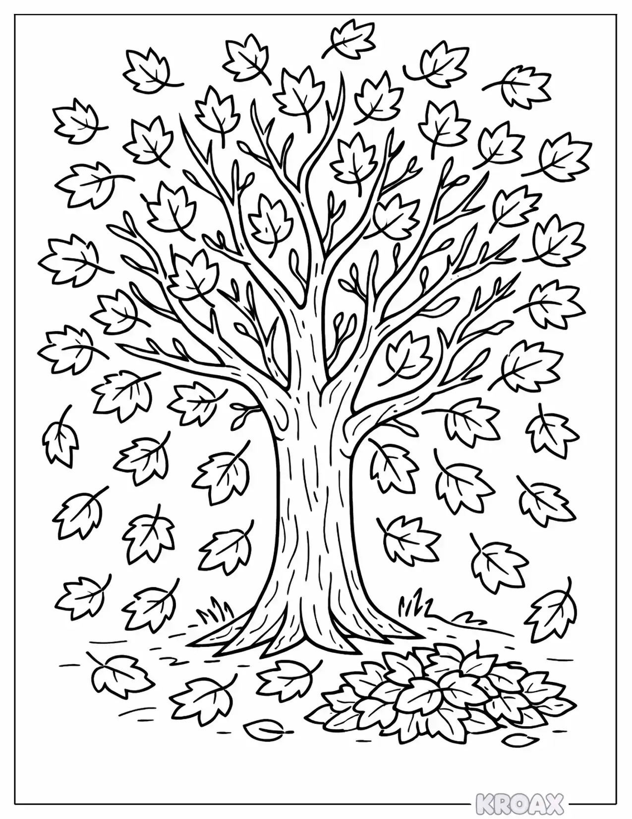 detailed autumn tree with falling leaves printable coloring page