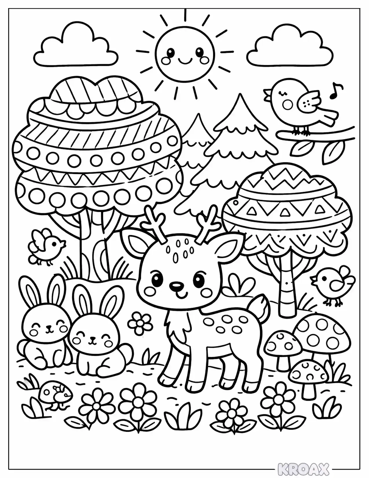 doodle forest with playful woodland creatures printable coloring page