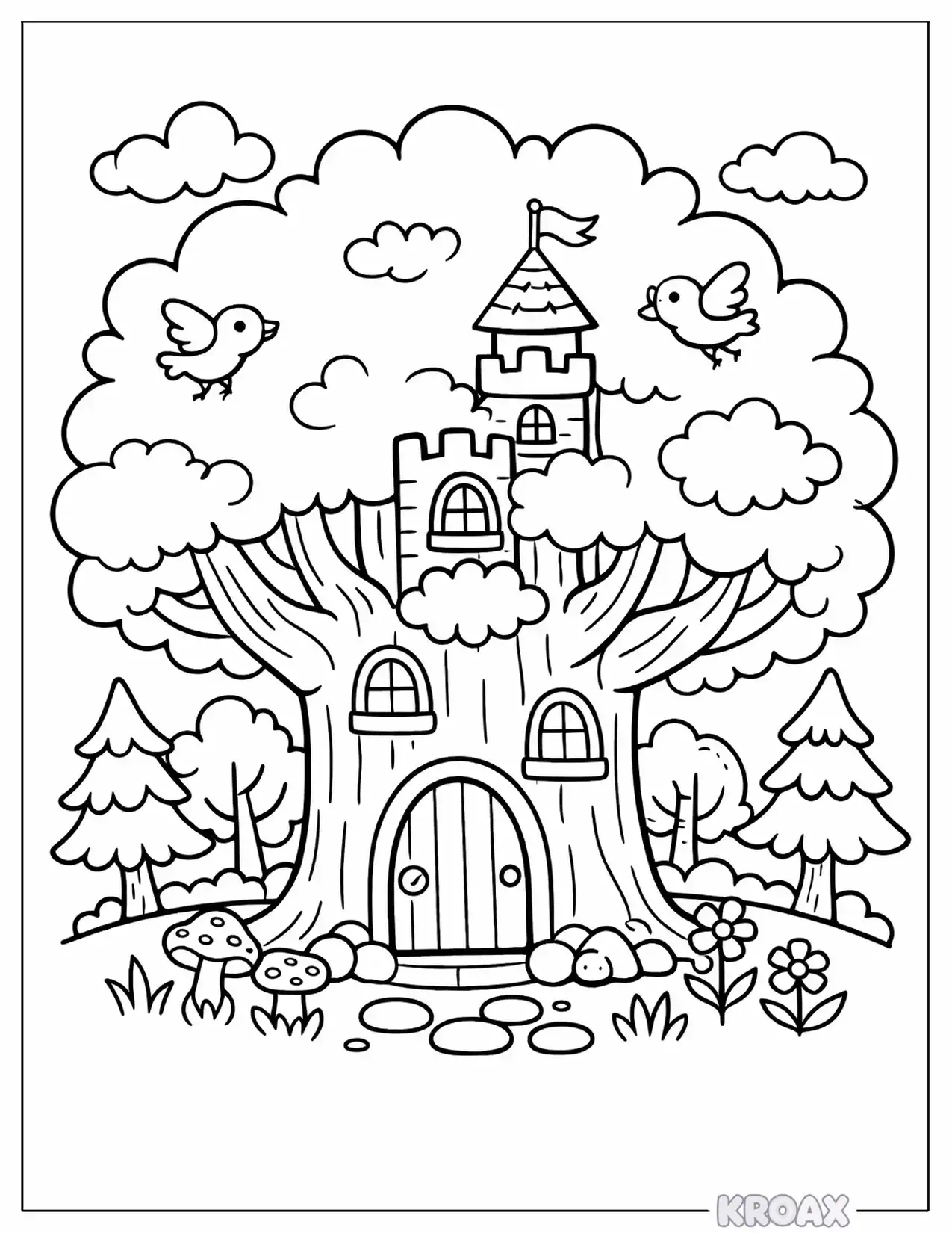 enchanted forest giant tree castle home printable coloring page