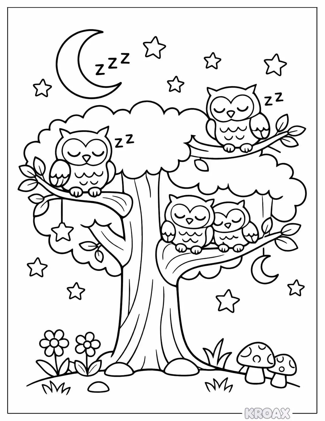 enchanted moonlight tree with sleeping owls printable coloring page