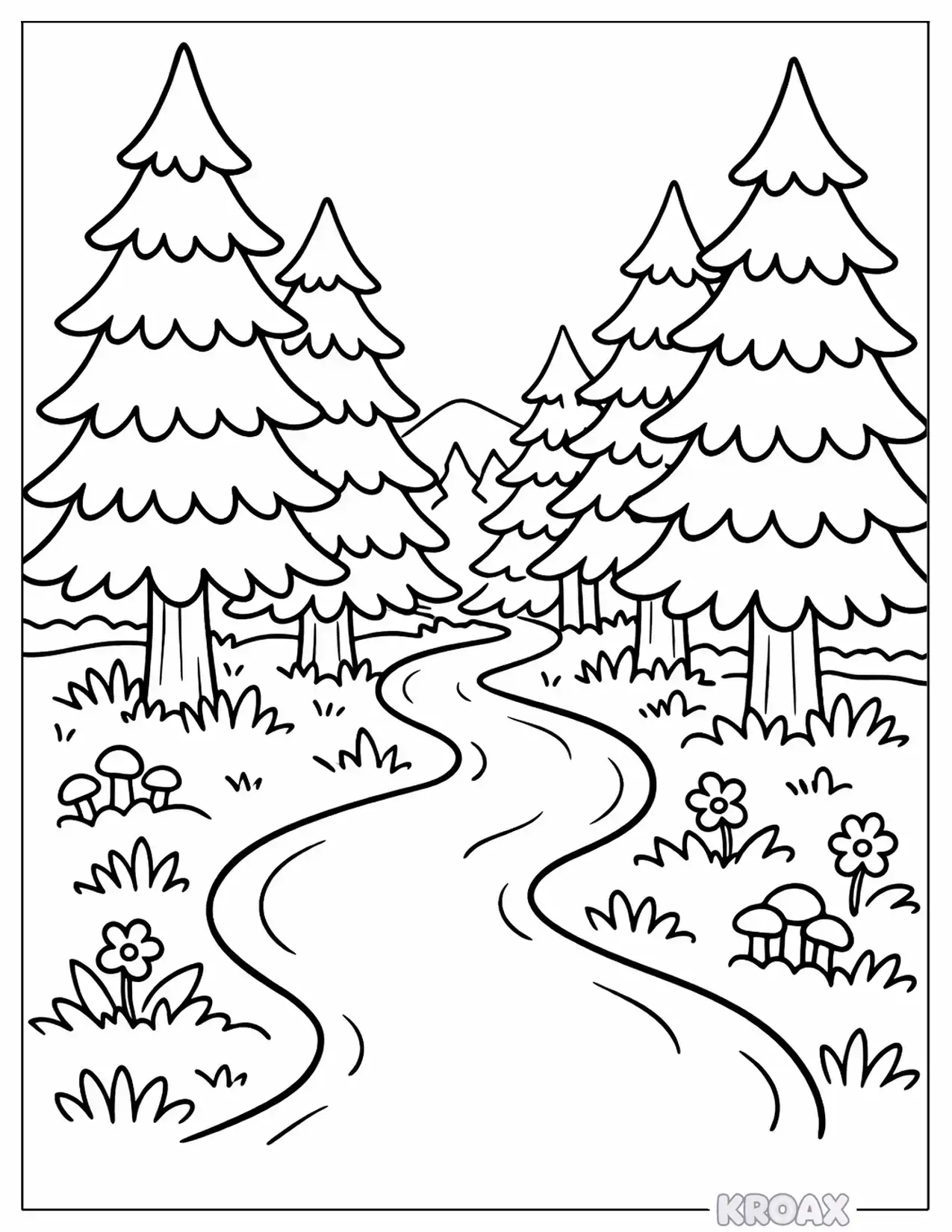 forest path between tall evergreen trees printable coloring page