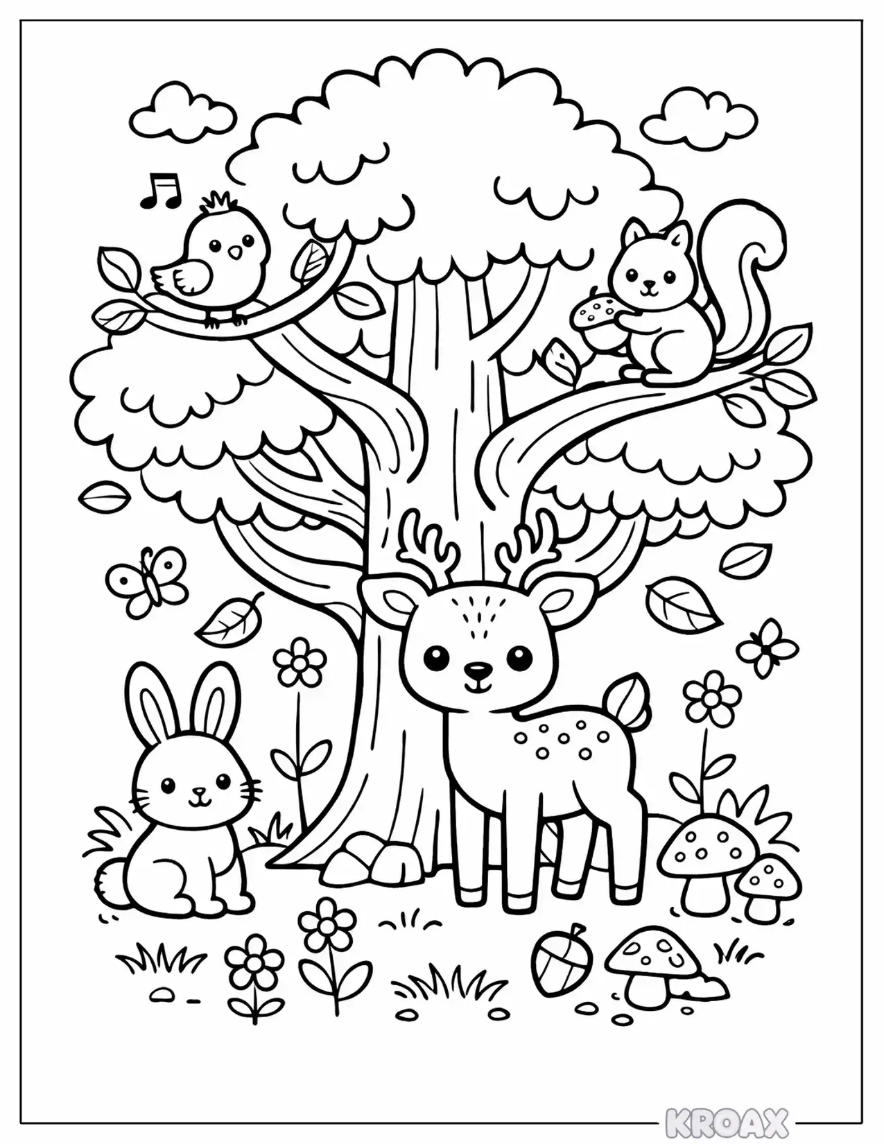 friendly forest tree with animals printable coloring page