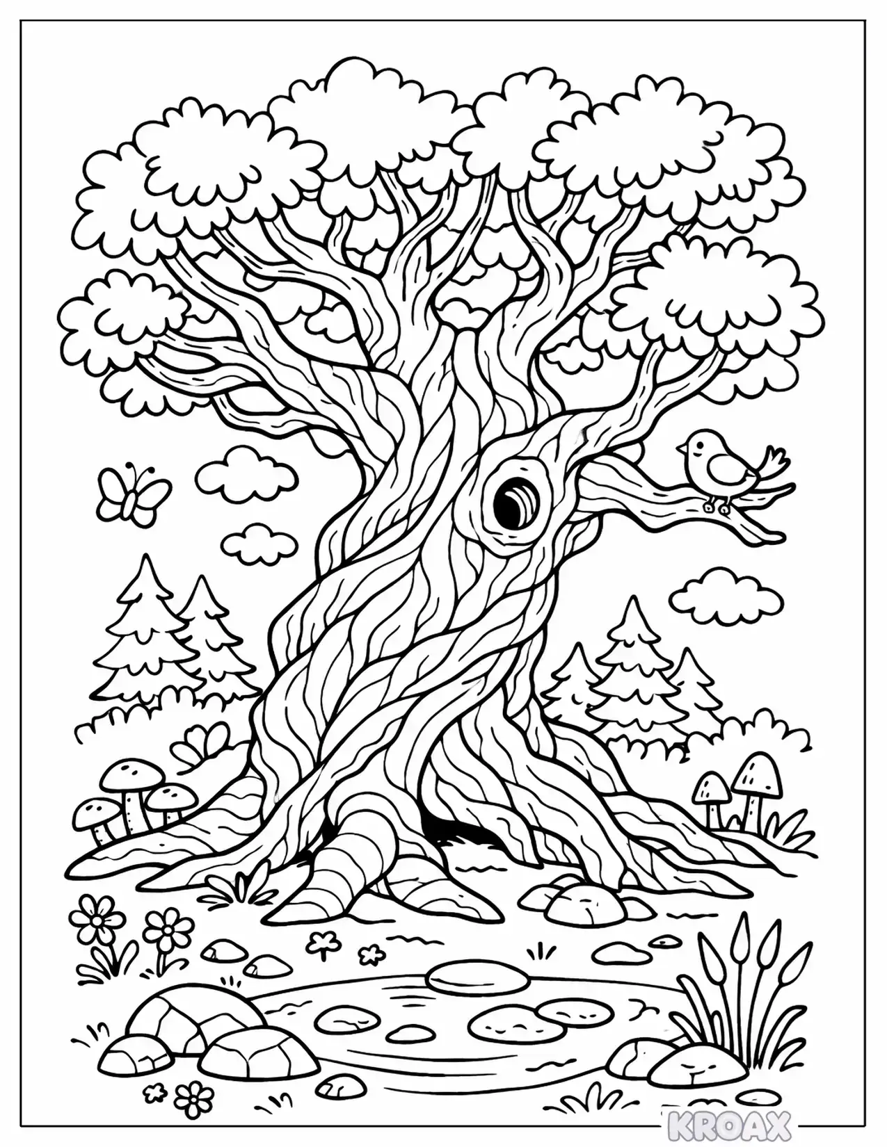 gnarled forest guardian tree for adults printable coloring page