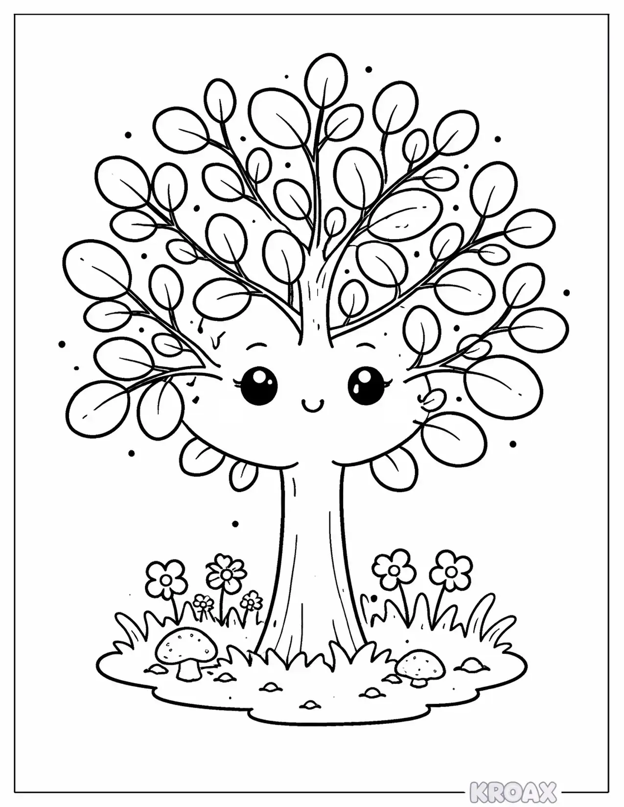 kawaii baby tree with smiling leaves printable coloring page