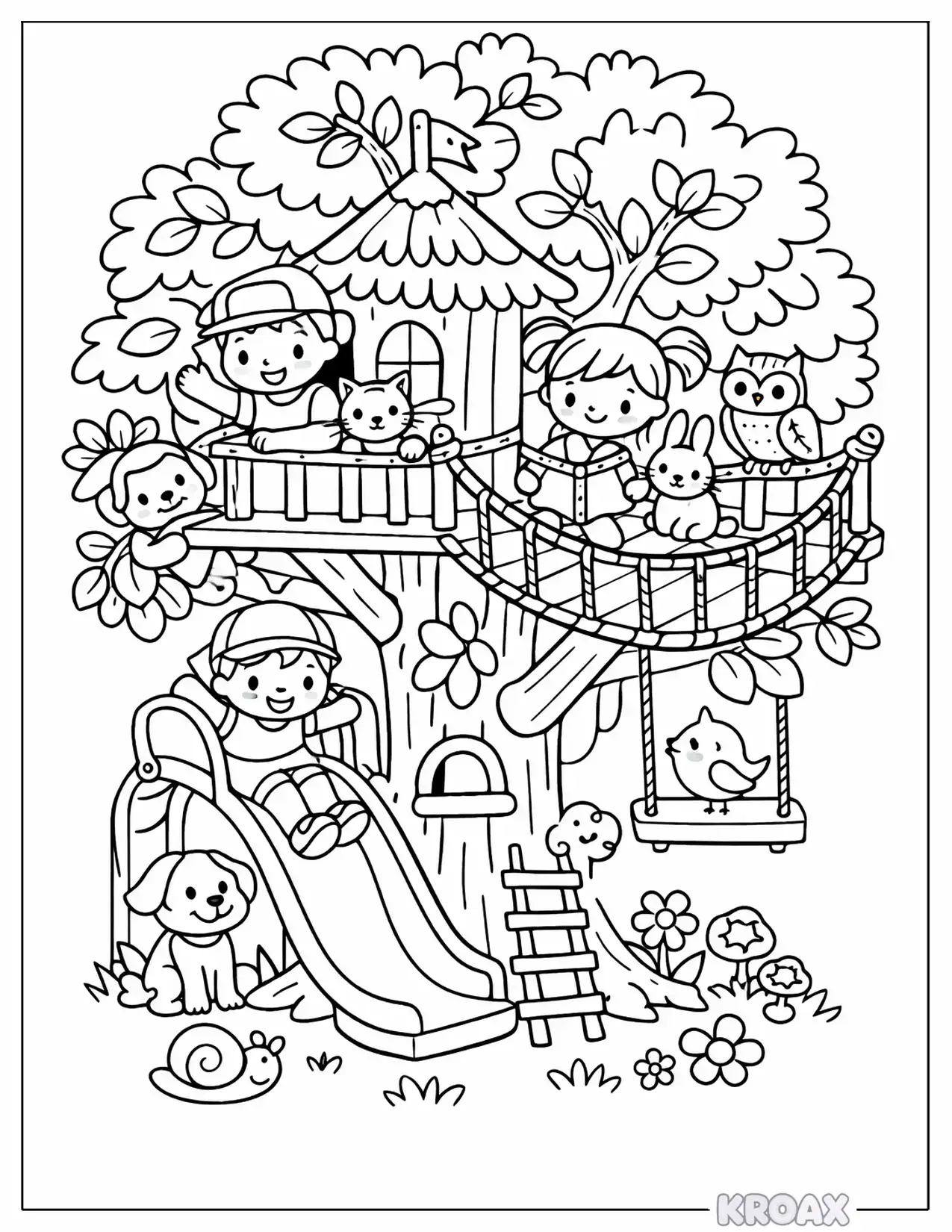 leafy treehouse with rope bridge and friends printable coloring page