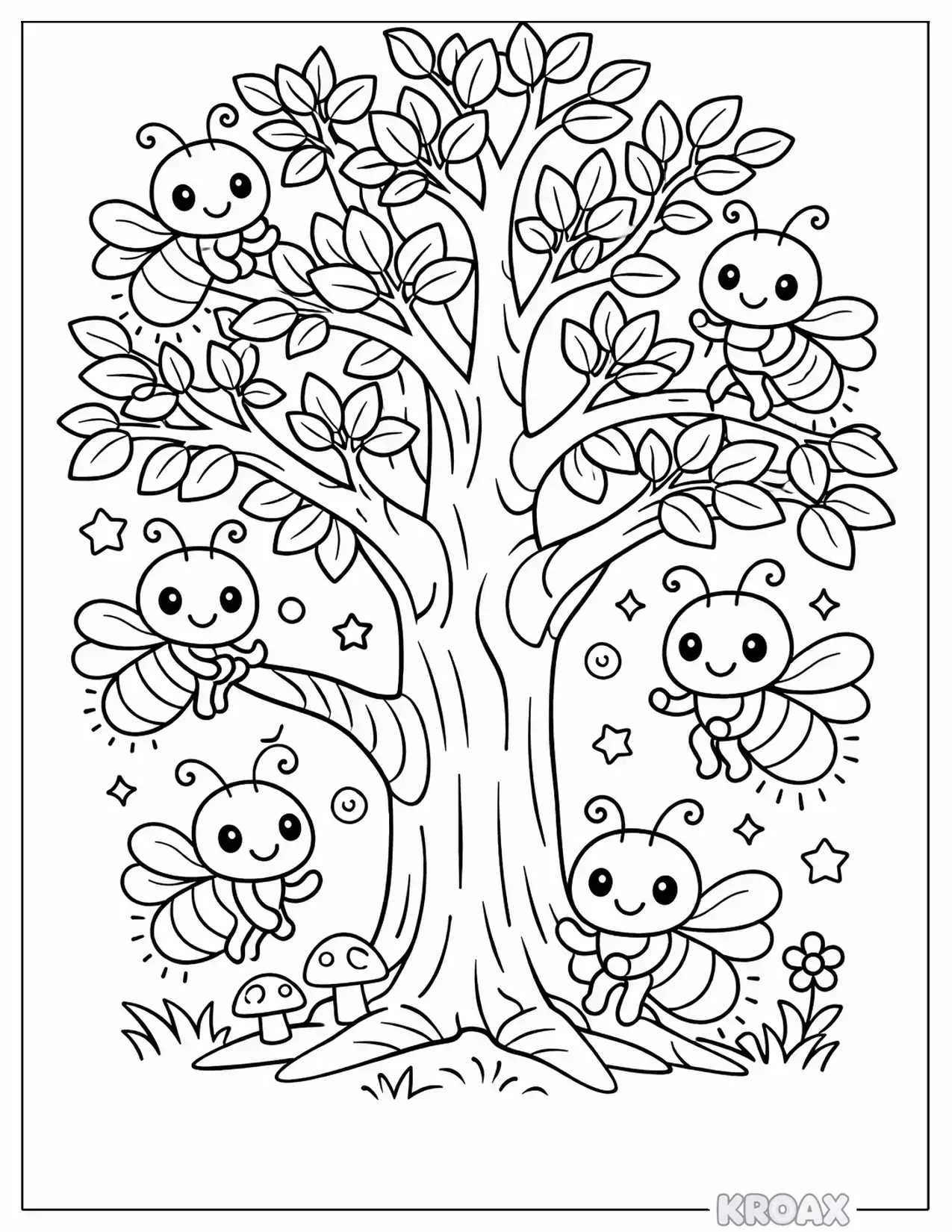 magical tree with glowing fireflies printable coloring page