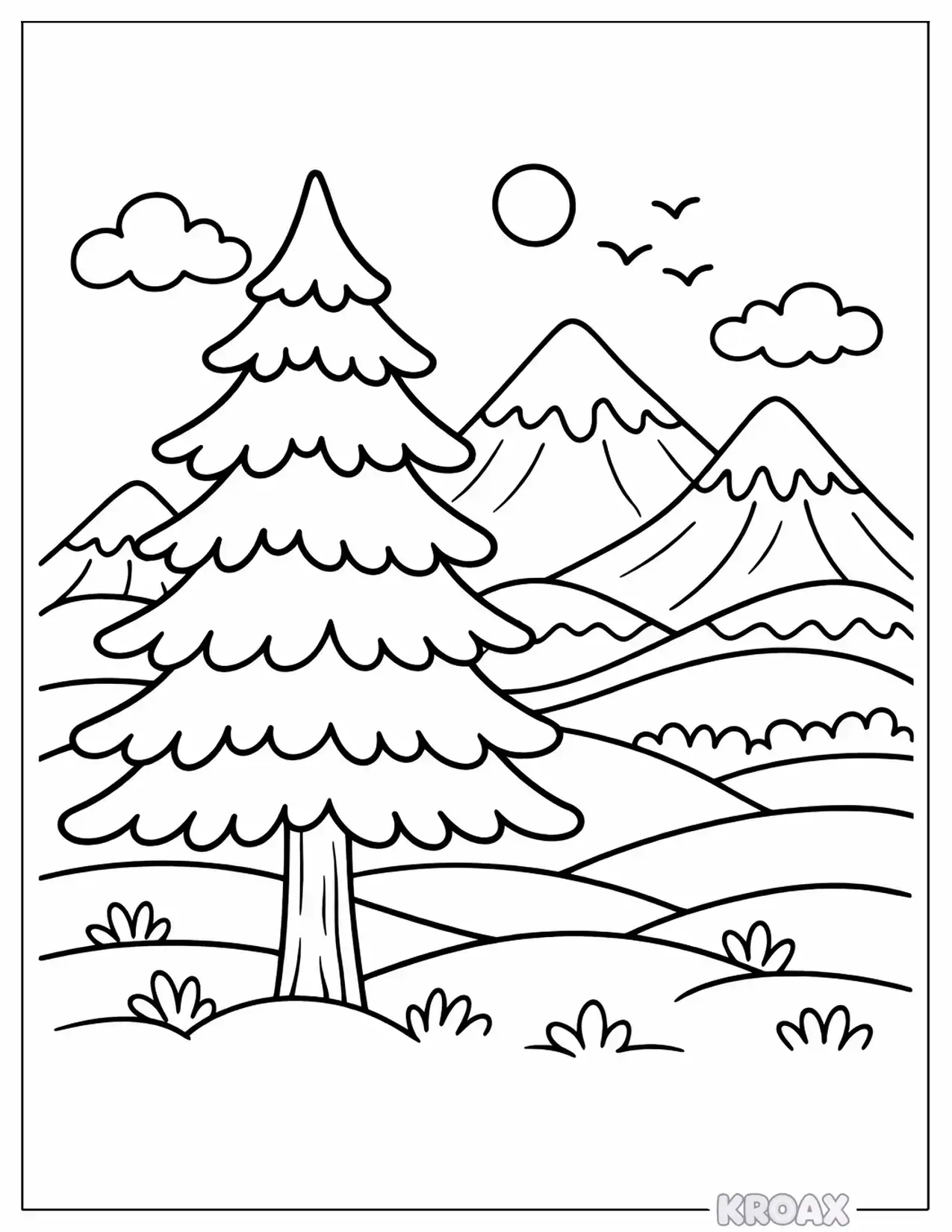 majestic pine tree with mountain view printable coloring page