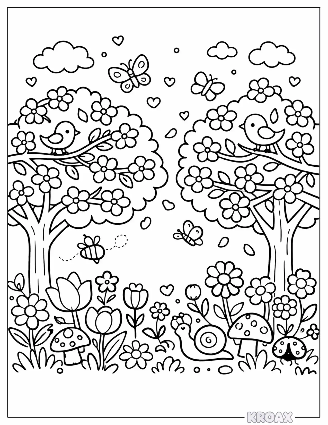 springtime blossoms on garden trees printable coloring page
