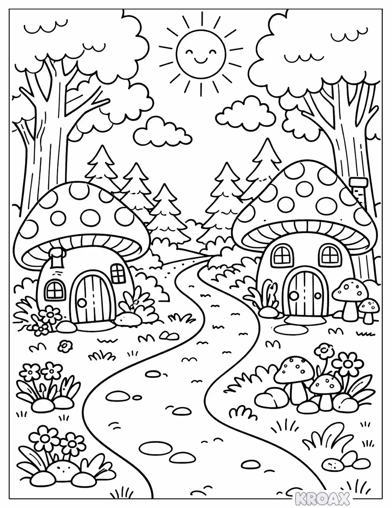 storybook forest scene with mushroom houses and trees printable coloring page